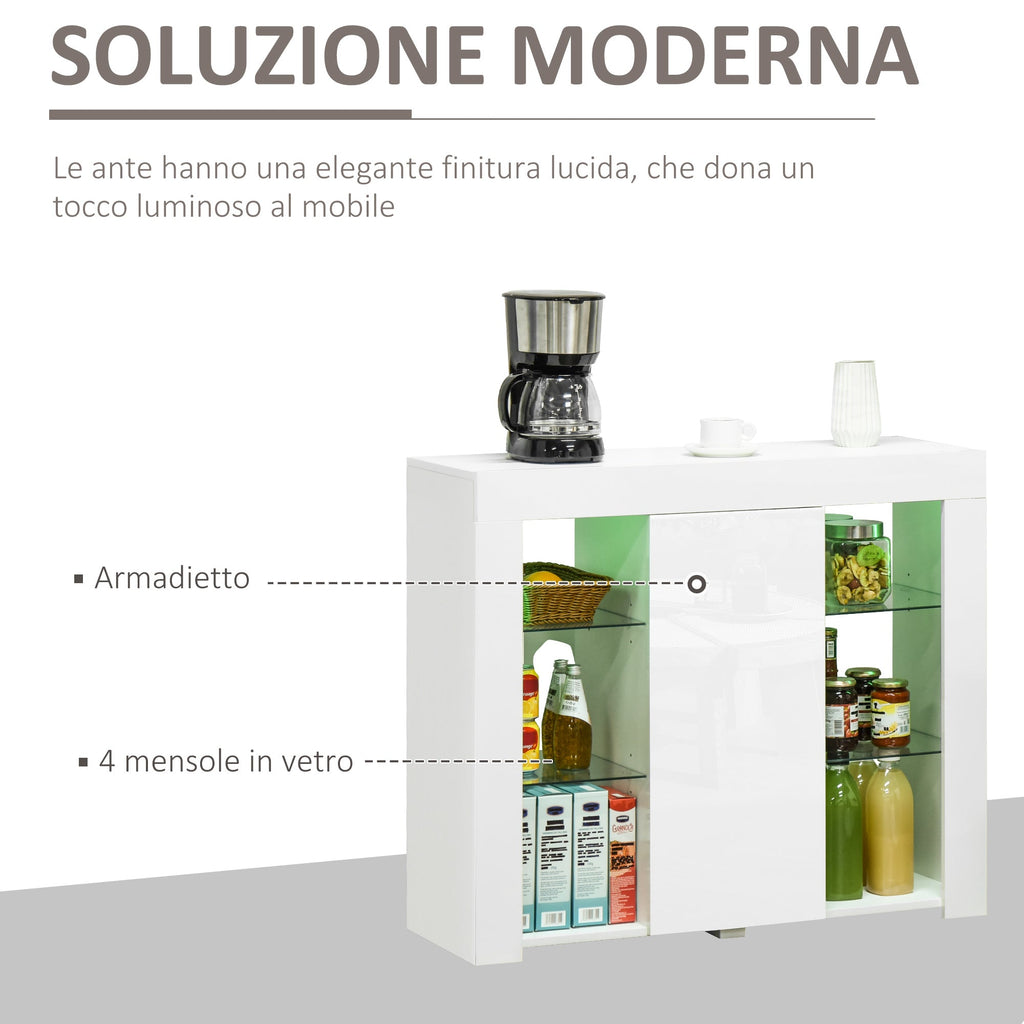 Easycomfort Credenza Moderna a Anta with Luci LED e Mensole in Vetro, Mobile Multiuso in Legno with Finitura Lucida, 97x35x83cm, white