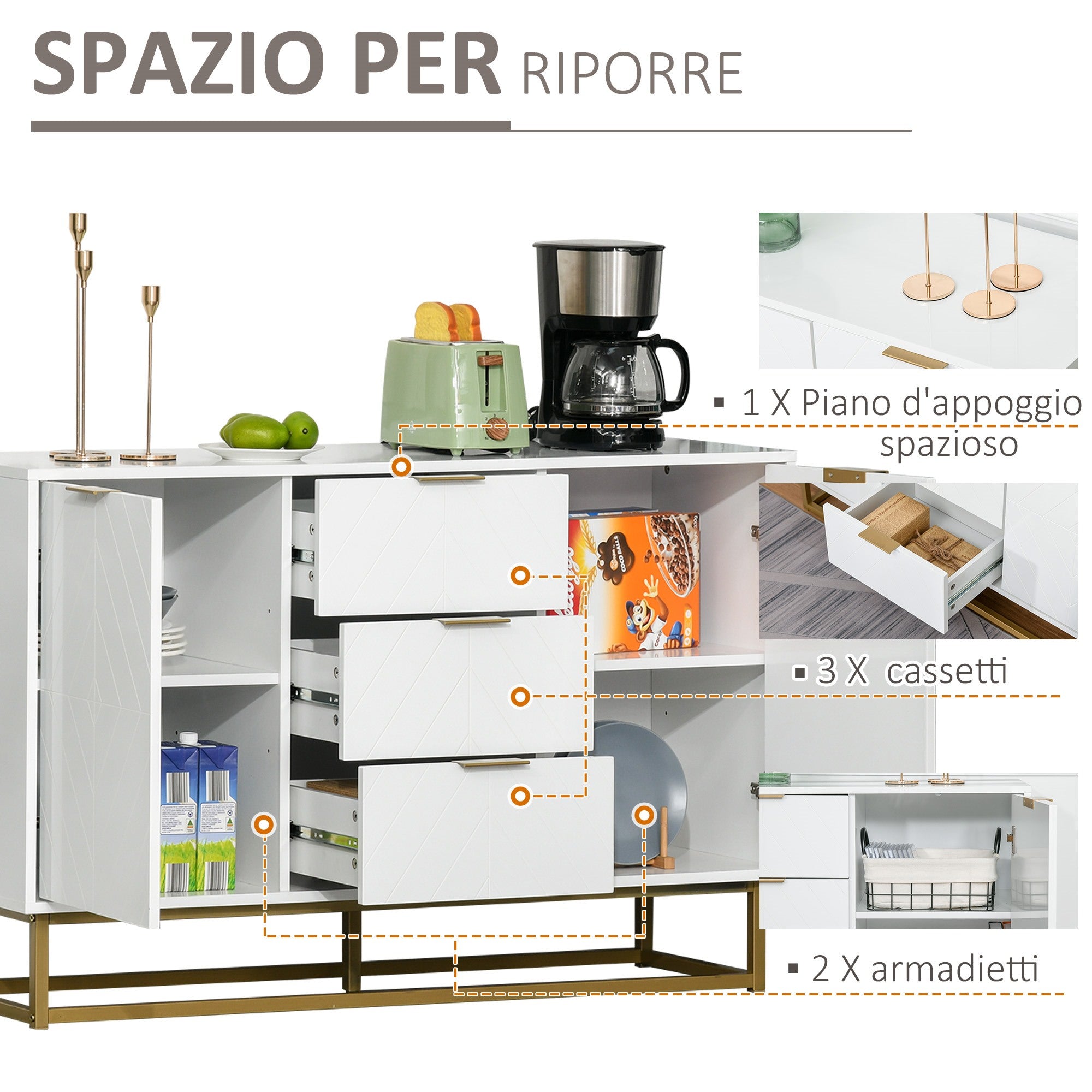 Easycomfort Credenza Moderna Bianca, Credenza Bassa Buffet per Cucina o Sala da Pranzo with 3 Cassetti e 2 Ante, 120x40x76cm