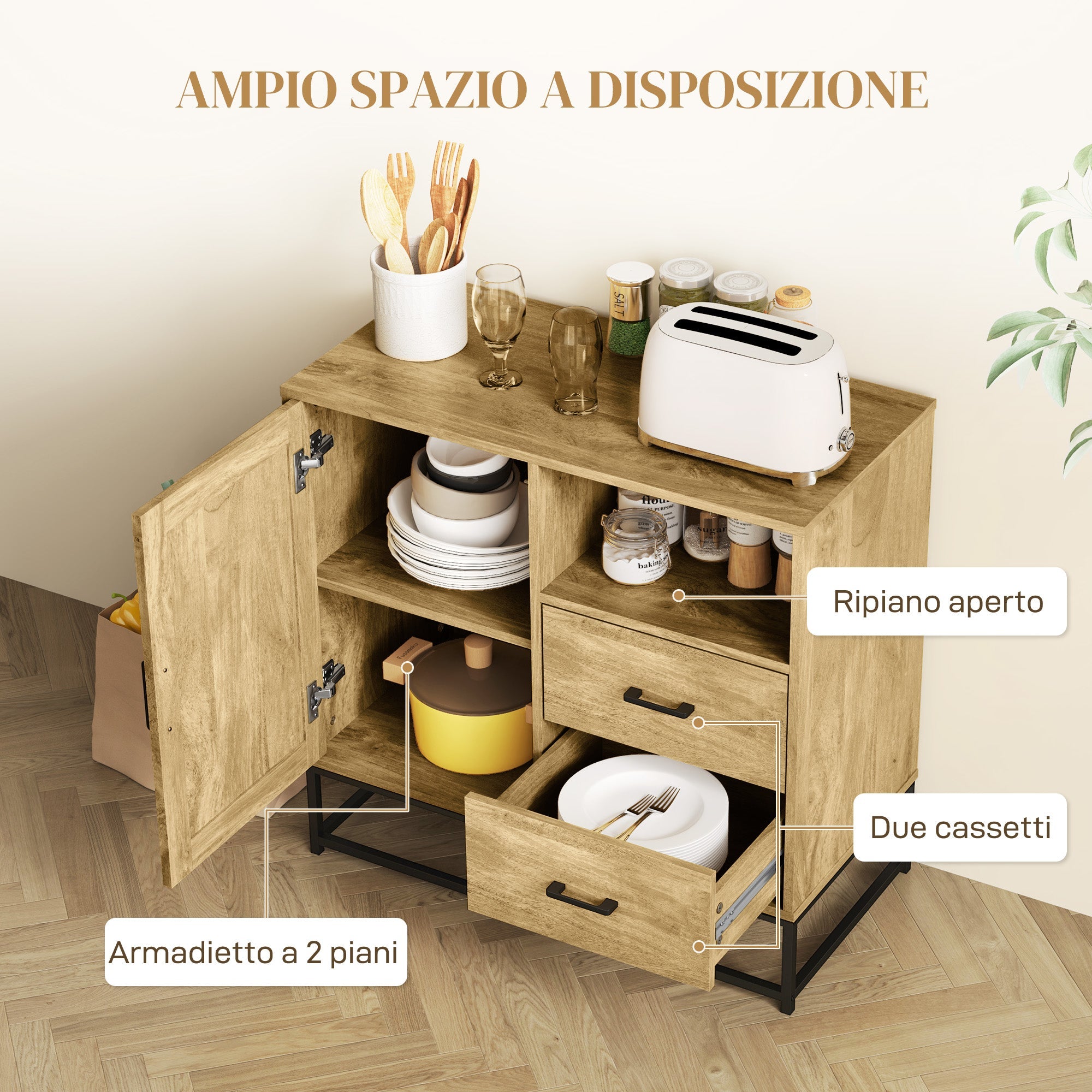 EasyComfort Credenza Moderna with 2 Cassetti, Armadietto Regolabile e Ripiano Aperto, in Legno e Acciaio, 80x40x78 cm, Marrone