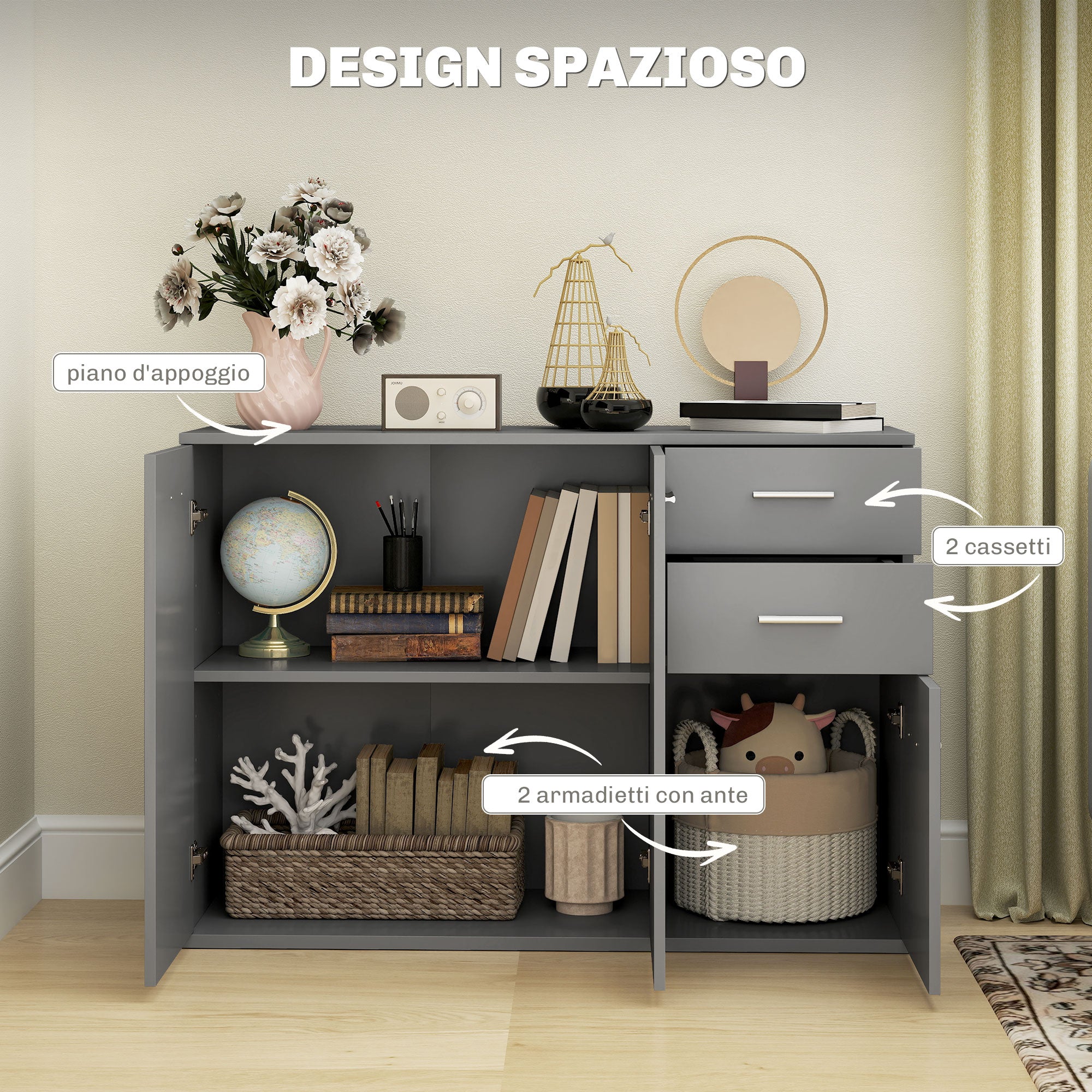 EasyComfort Credenza Moderna dressoir 2 lades, 3 kastjes, 106x35x76 cm