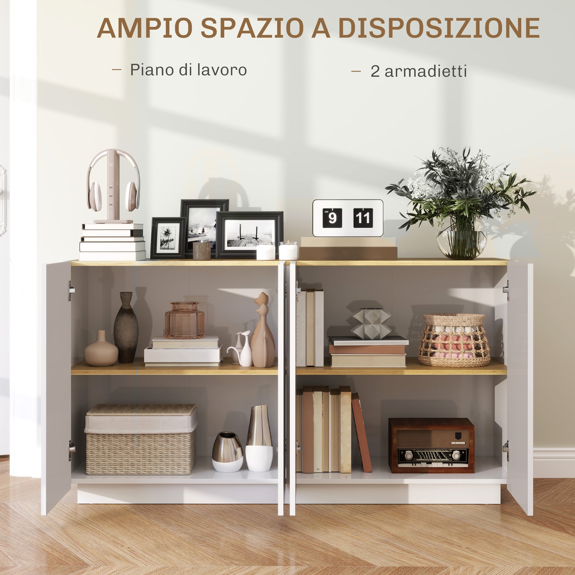 EasyComfort Credenza Moderna with Armadietti a 2 Ante, Chiusura Ammortizzata e Ripiani Regolabili, 140x40x75cm, white Lucido