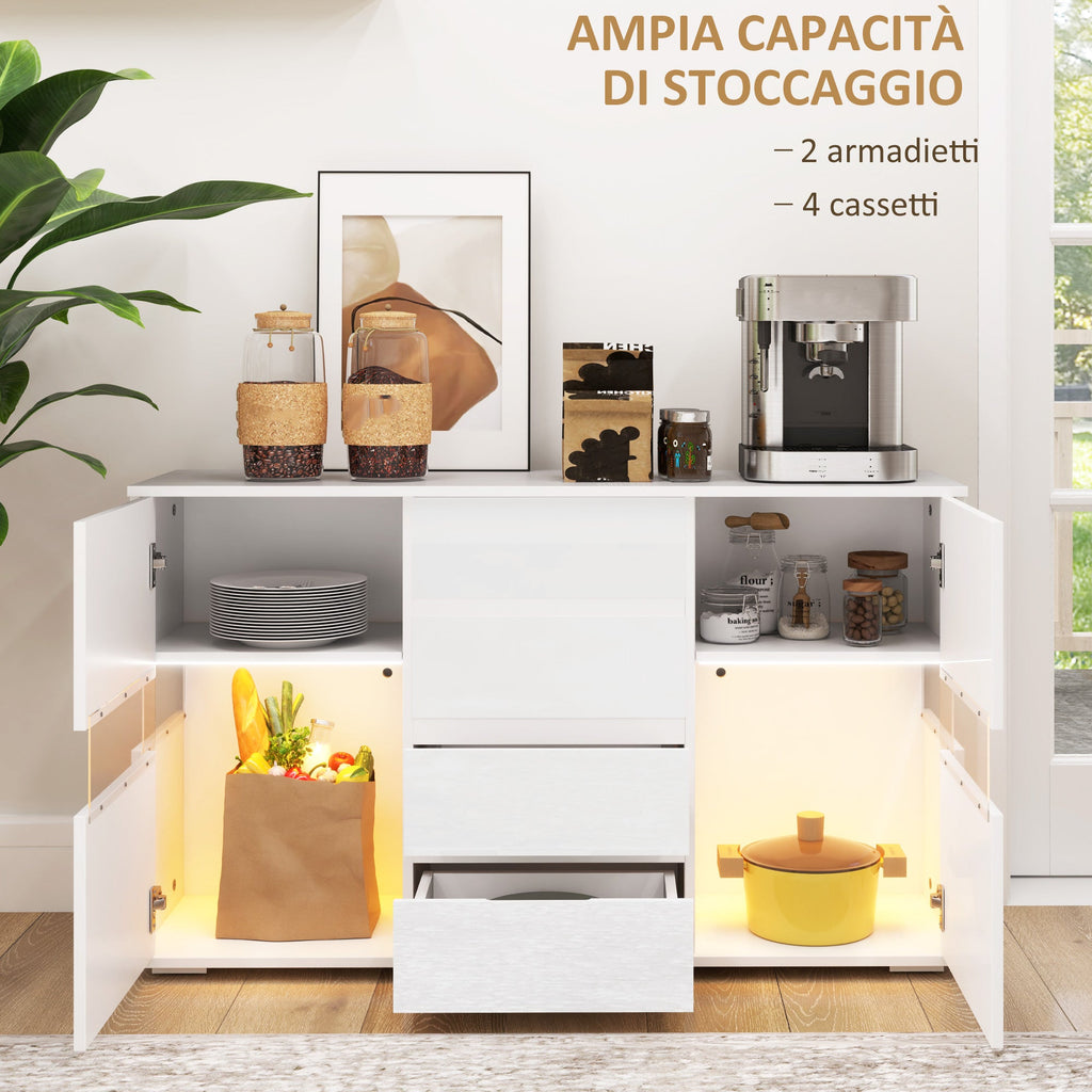EasyComfort Credenza Moderna dressoir 120x34x70 cm, wit, LED en 4 lades