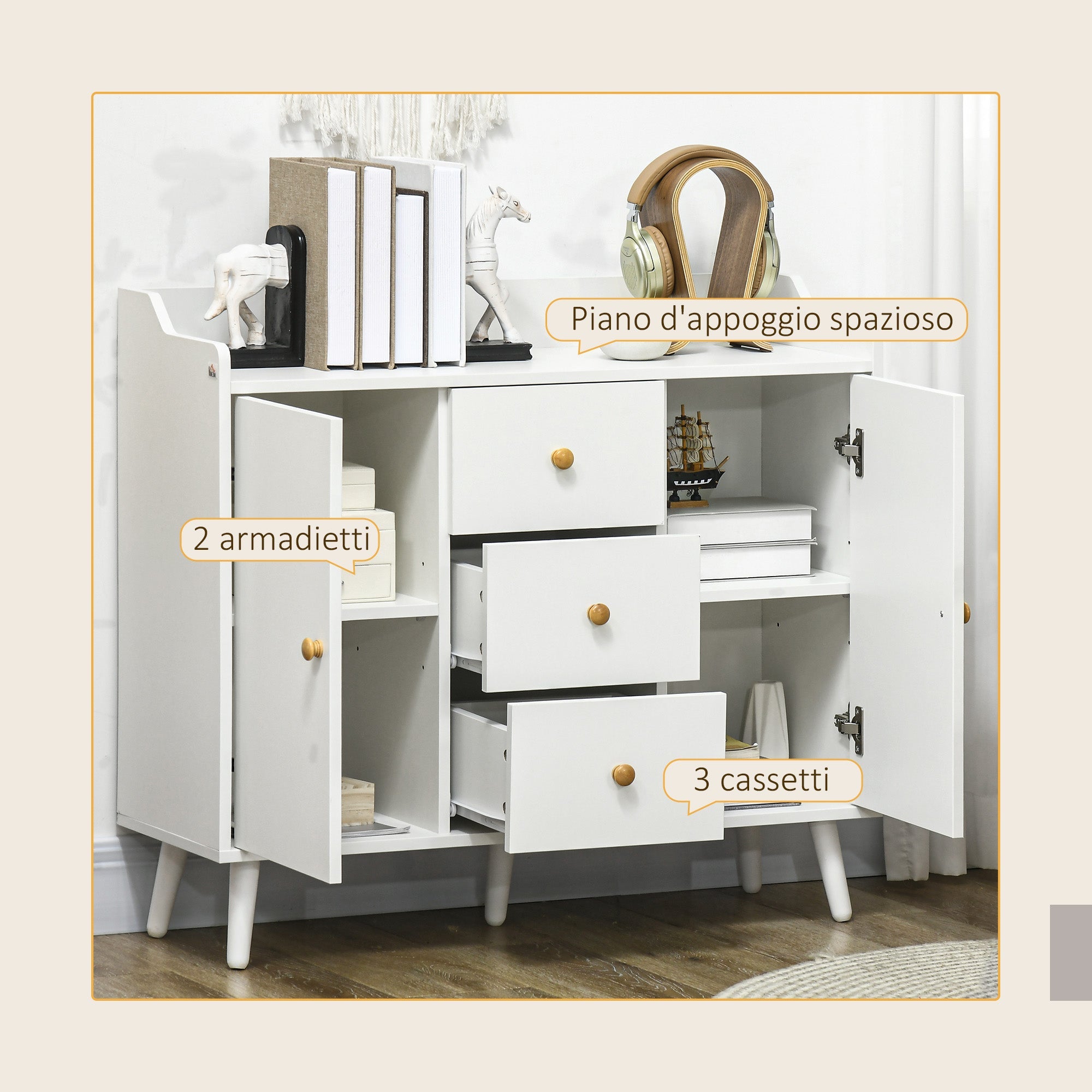 EasyComfort Dressoir modern, 3 lades & 2 deuren, 90x32x80 cm, wit