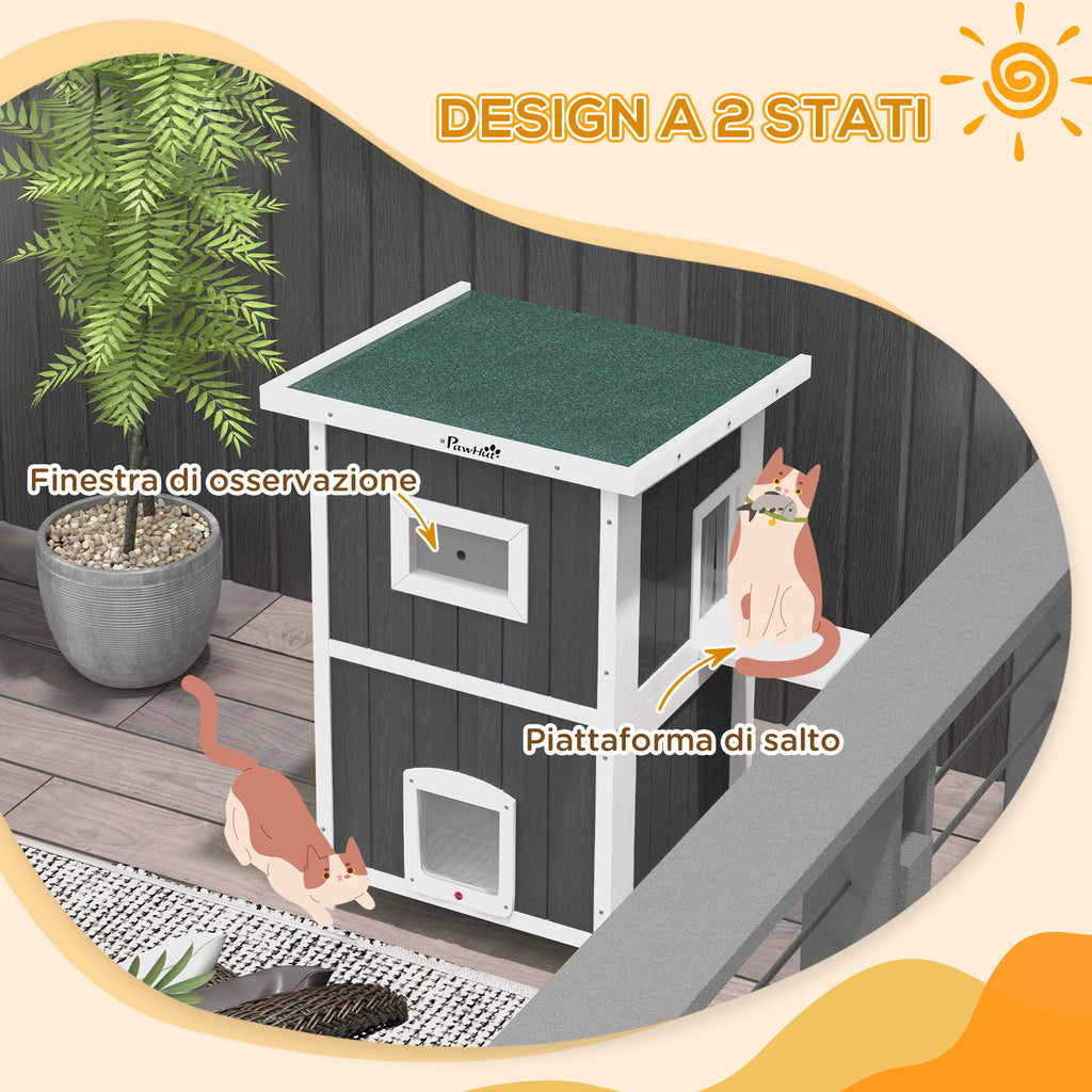 EasyComfort Cuccia per Gatti da Esterno in Legno a 2 Livelli con Tetto in Asfalto e 4 Porte, 60x60x90.5cm, Grigio