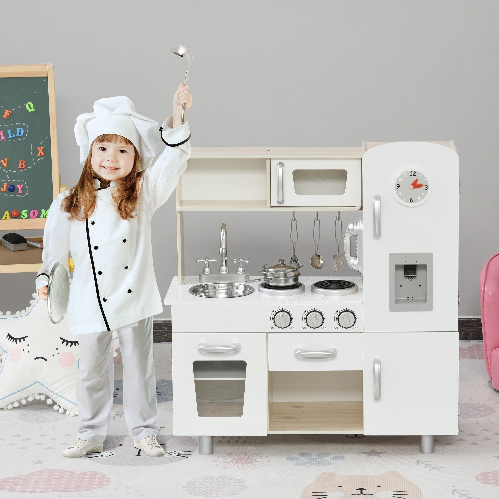 Easycomfort Cucina Giocattolo in Legno per Bambini with Lavandino e Fornelli, Pentole e Utensili in Acciaio, 74x30x81cm, white