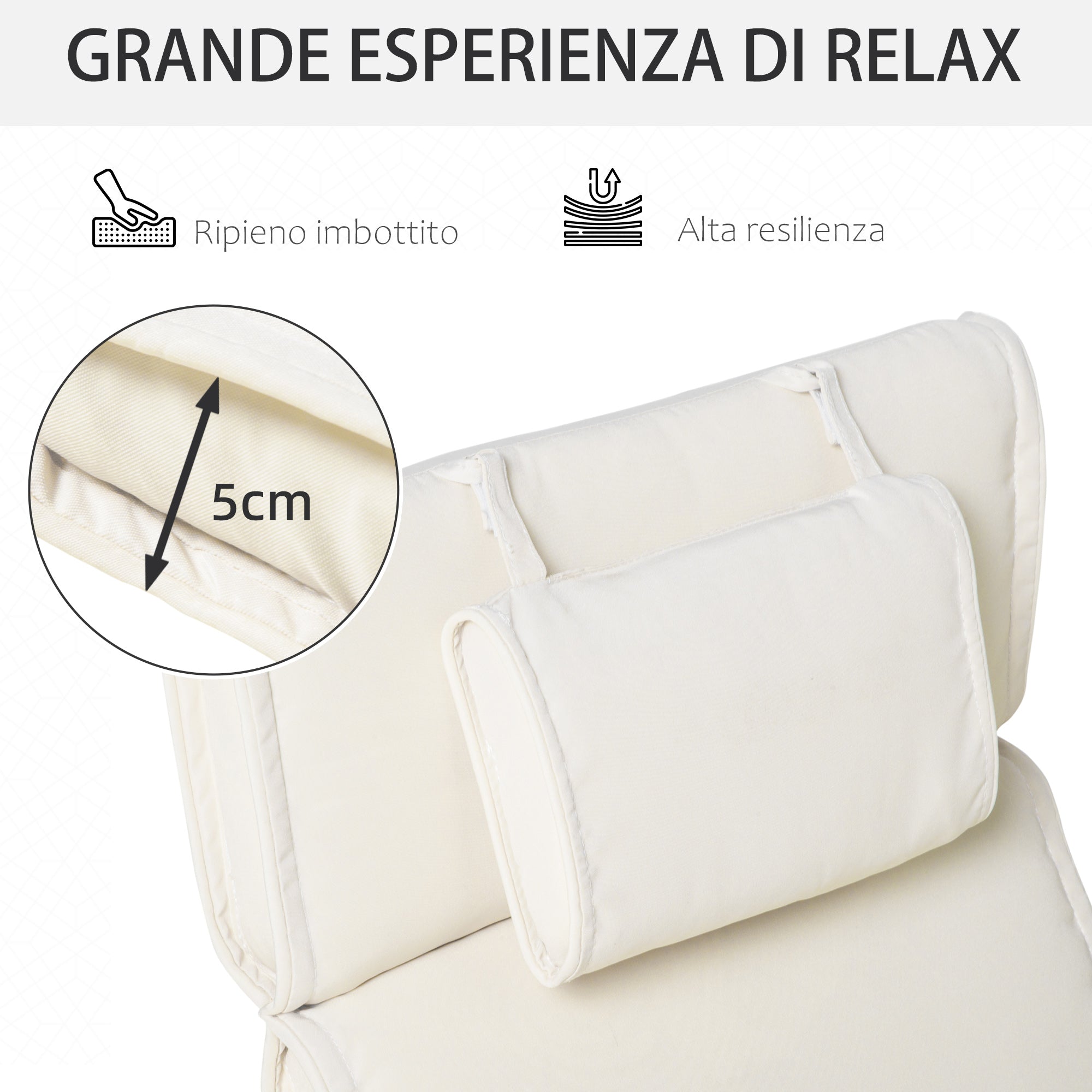 EASYCOMFORT Cushion for Deckchairs, Garden Sun Lounger, Cream White, 198x53x5cm