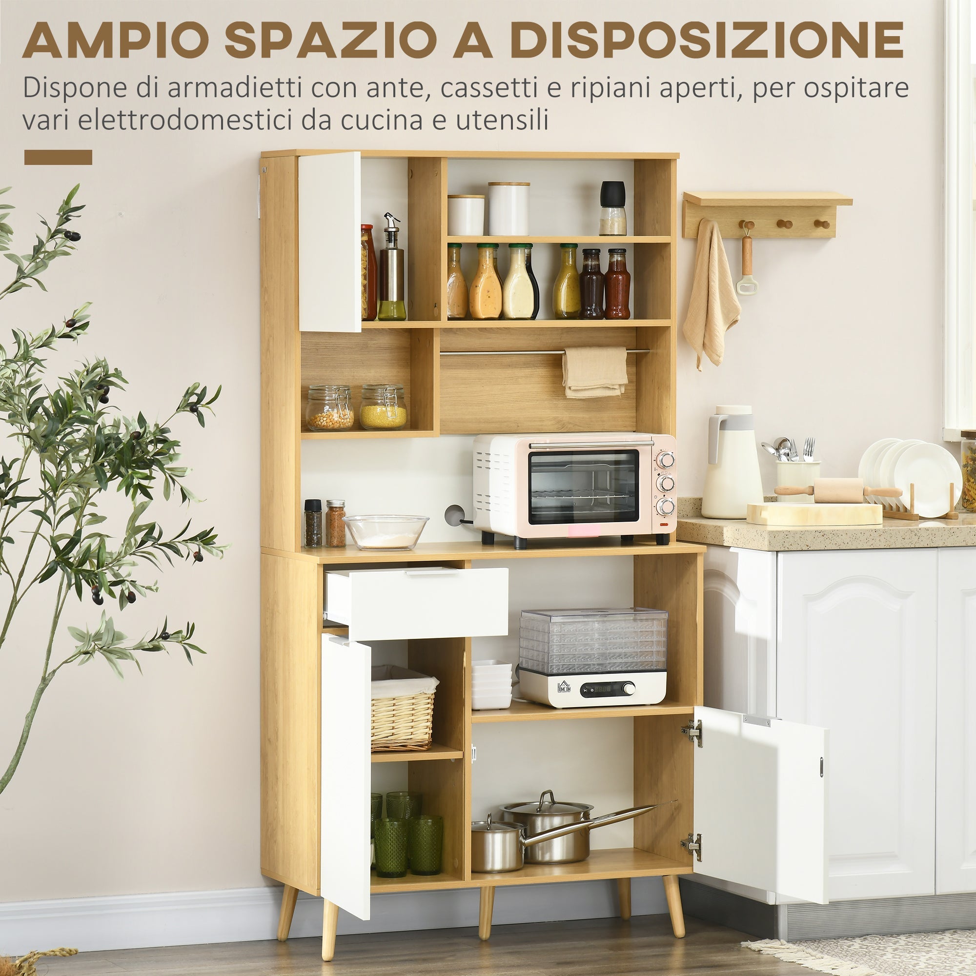 Easycomfort Dispensa da Cucina in Truciolato with Armadietti, Cassetti, Ripiani Regolabili e Appendino, 93x40x180 cm