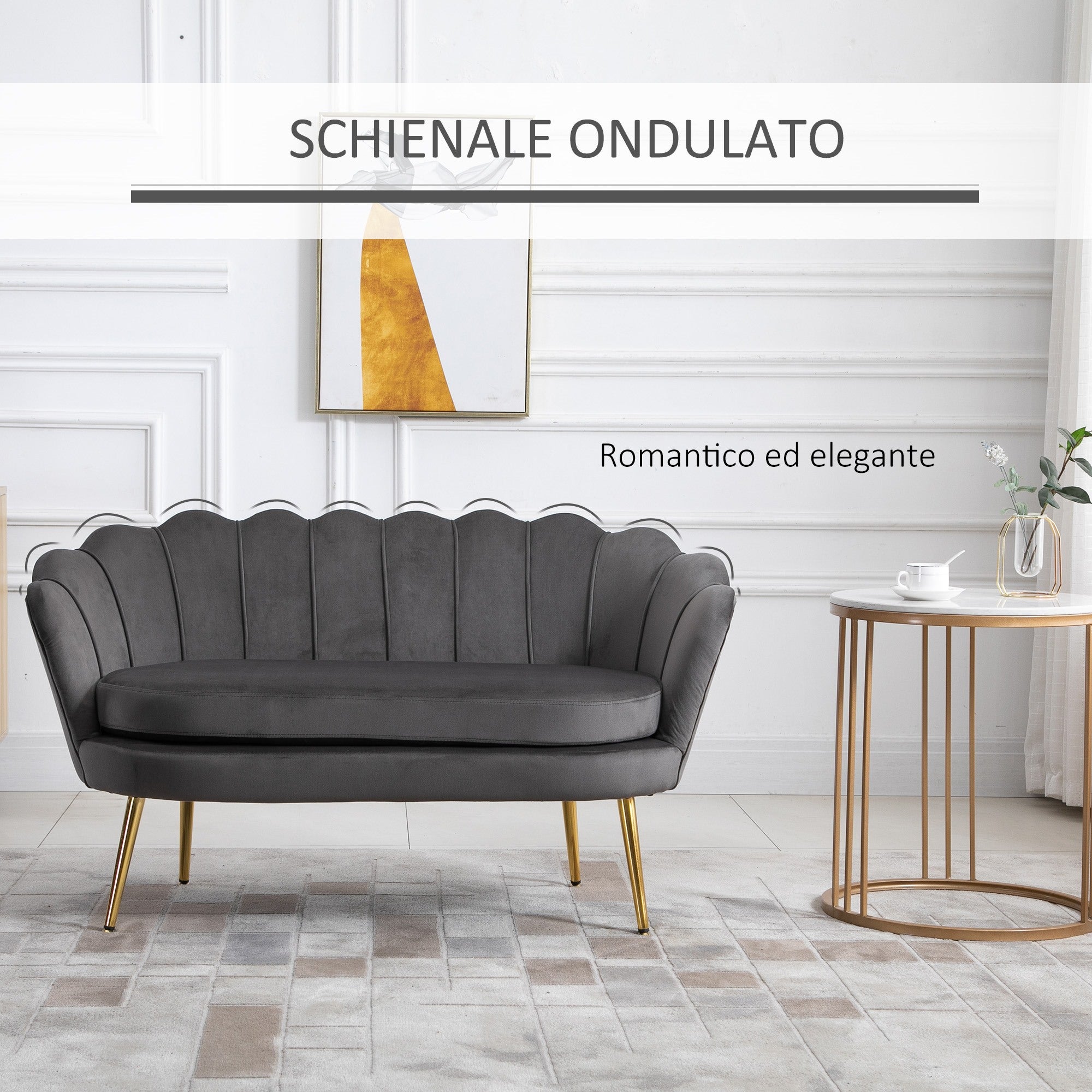 Easycomfort Divanetto 2 Posti in Tessuto Effetto Velluto with Braccioli, Divano Moderno with Seduta Imbottita per Camera da Letto e Soggiorno, 133x63x75cm, Grigio