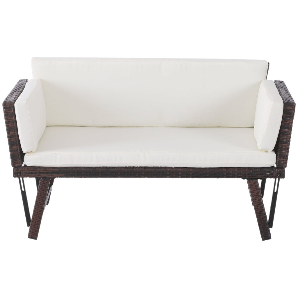 EASYCOMFORT 2 Seater Sofa with Extendable Garden Armrests Rattan 129x63x67cm White, Brown