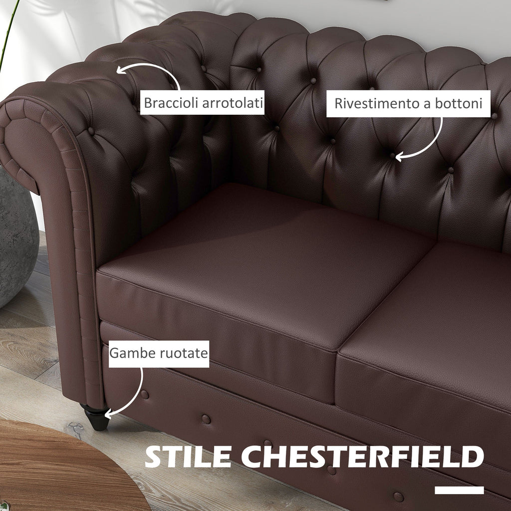 EasyComfort Divano 2 Posti stile Chesterfield with Cuscino Rimovibile, in Ecopelle, Legno e Metallo, 160x84x80 cm, Marrone