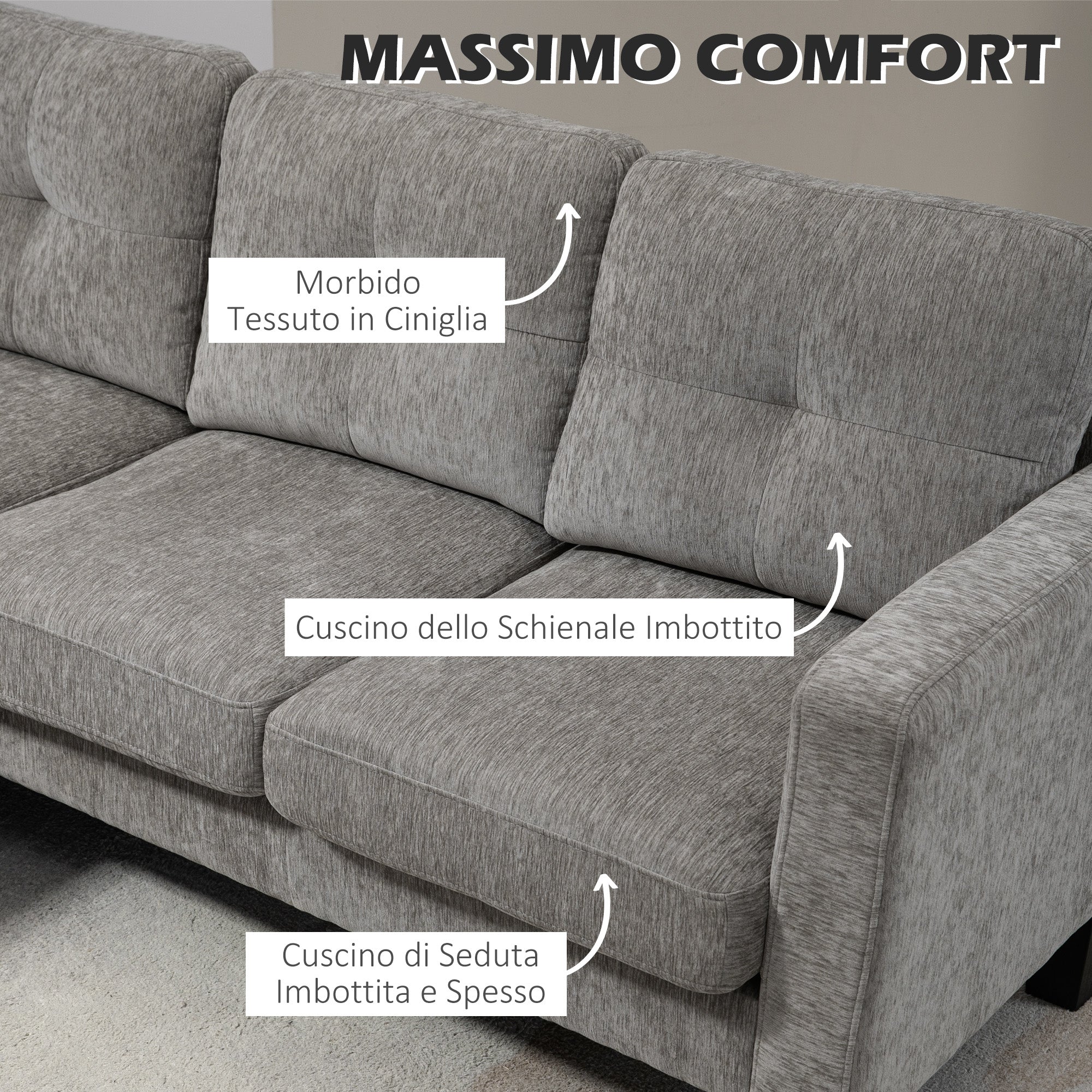 EasyComfort Divano Angolare 3 Posti with Cuscino per Seduta e Schienale, in Tessuto Effetto Ciniglia, 186x130x84 cm, Tortora