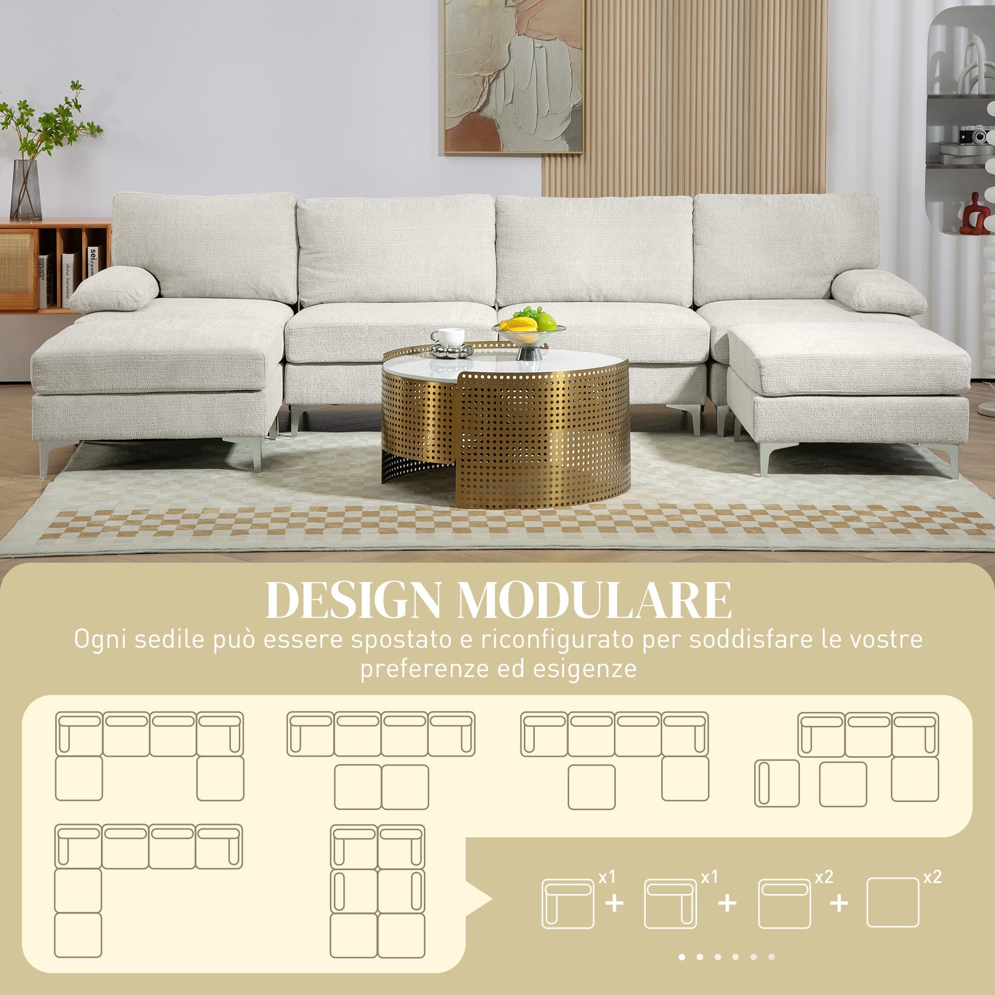 EasyComfort Divano Componibile 4 Pezzi with Poggiapiedi e Cuscini, in Tessuto effetto Ciniglia, 313x149x88 cm, white Crema