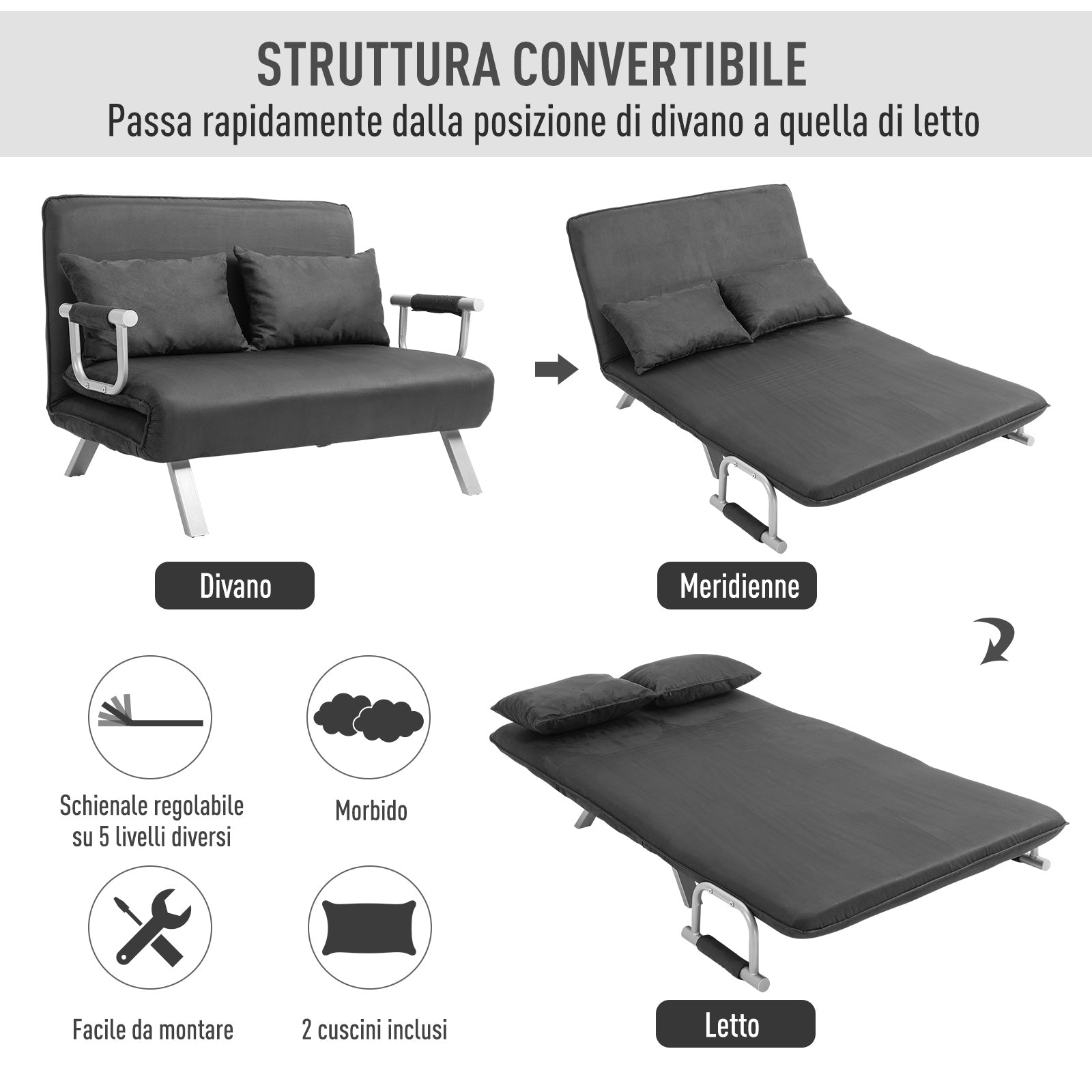 Easycomfort Divano Letto 2 Posti in Similpelle e Acciaio with Seduta Regolabile in 5 Posizioni, 105x80x78 cm, Grigio