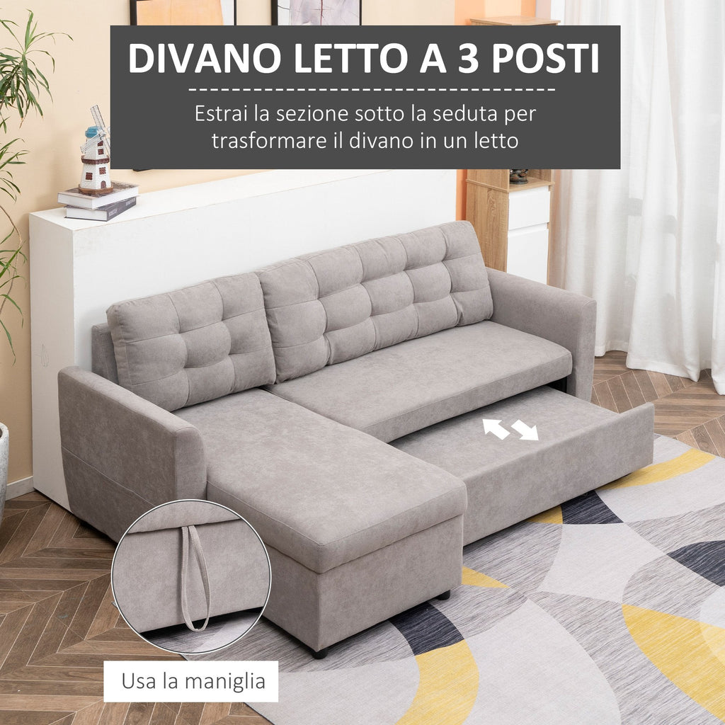 Easycomfort Divano Letto 3 Posti with Chaise Longue Contenitore in Tessuto, 217x134x85cm, Grigio