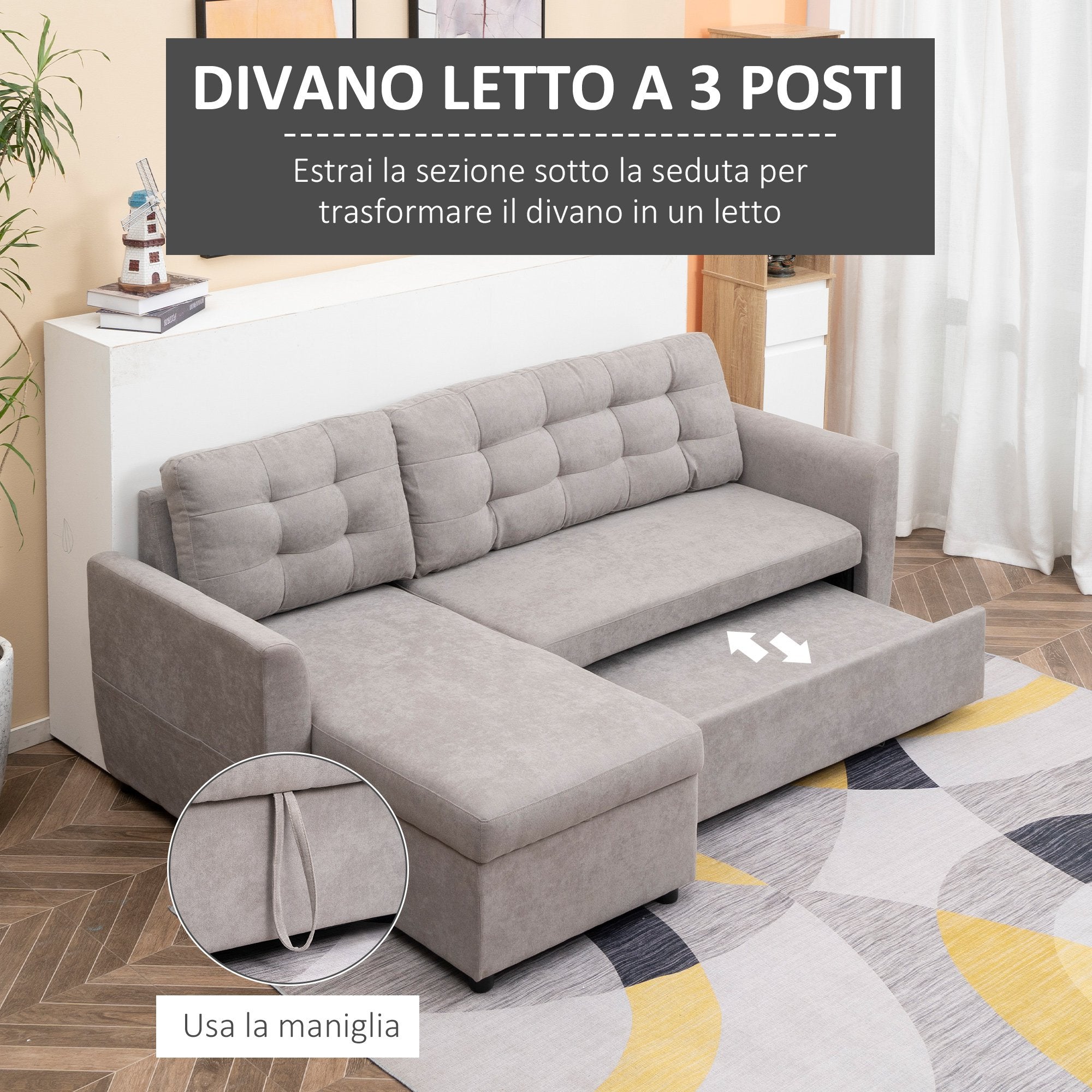 Easycomfort Divano Letto 3 Posti with Chaise Longue Contenitore in Tessuto, 217x134x85cm, Grigio