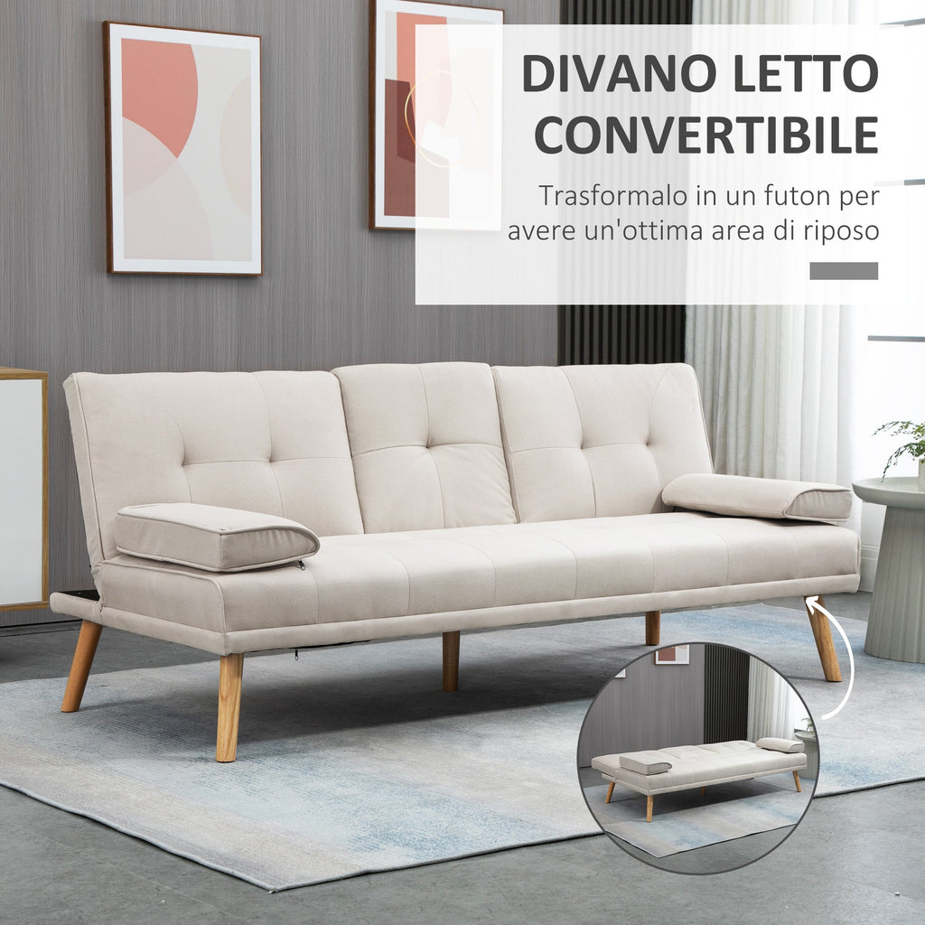 Easycomfort Divano Letto 3 Posti Reclinabile with Rivestimento Effetto Lino e Tavolino a Ribalta, Beige