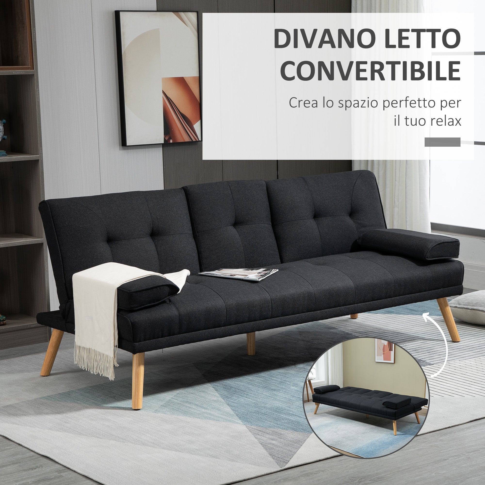 EasyComfort Divano Letto 3 Posti Reclinabile with Rivestimento Effetto Lino e Tavolino a Ribalta, Grigio