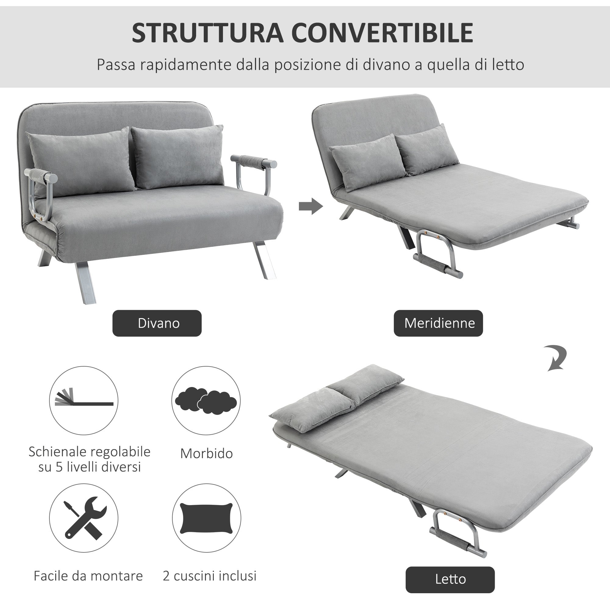 EasyComfort Divano Letto Singolo in Finta Pelle with Seduta Regolabile in 5 Posizioni, 105x80x78 cm, Grigio Chiaro
