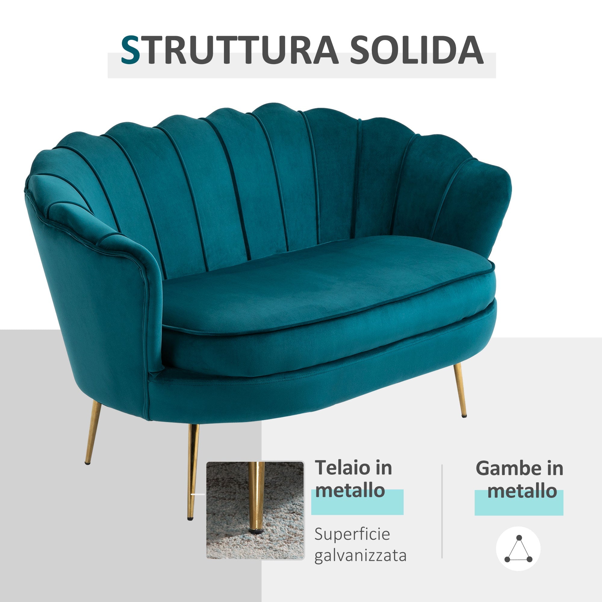 EasyComfort Divano Vintage 2-zits bank 130x77x77 cm, petrolgroen/goud