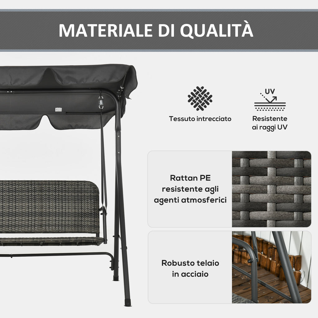 EasyComfort Dondolo da Giardino 3 Posti con Tettuccio Regolabile in Rattan PE, 167x112x153cm, Grigio Scuro