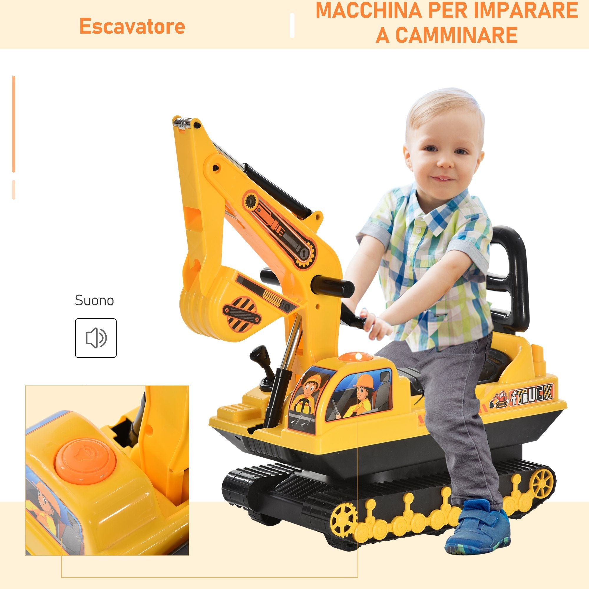 Easycomfort Escavatore Ruspa Giocattolo Cavalcabile per Bambini max. 30 kg with Schienale, Braccio Mobile e Vano Contenitore, 78x24x58.5cm