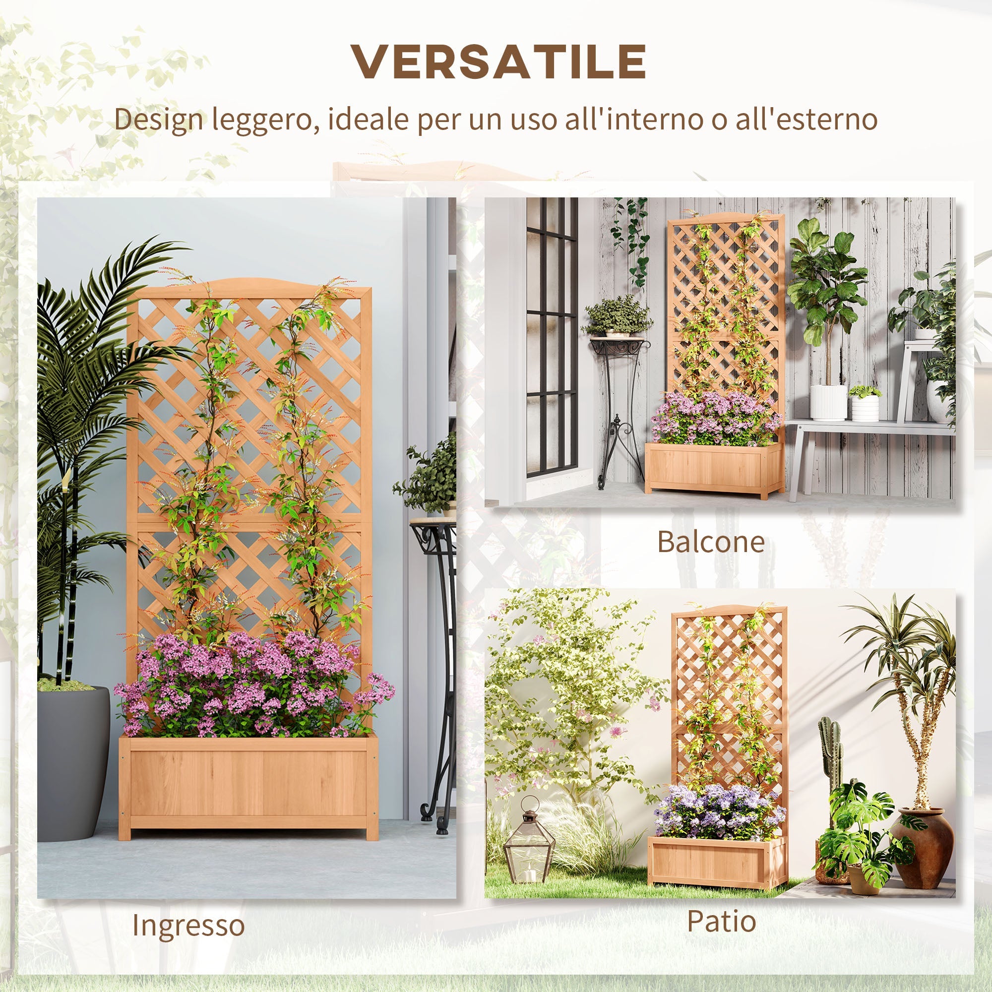 EasyComfort Fioriera with Traliccio per Rampicanti e Fondo Ampio, in Legno di Abete, 76x36x170 cm, Marrone