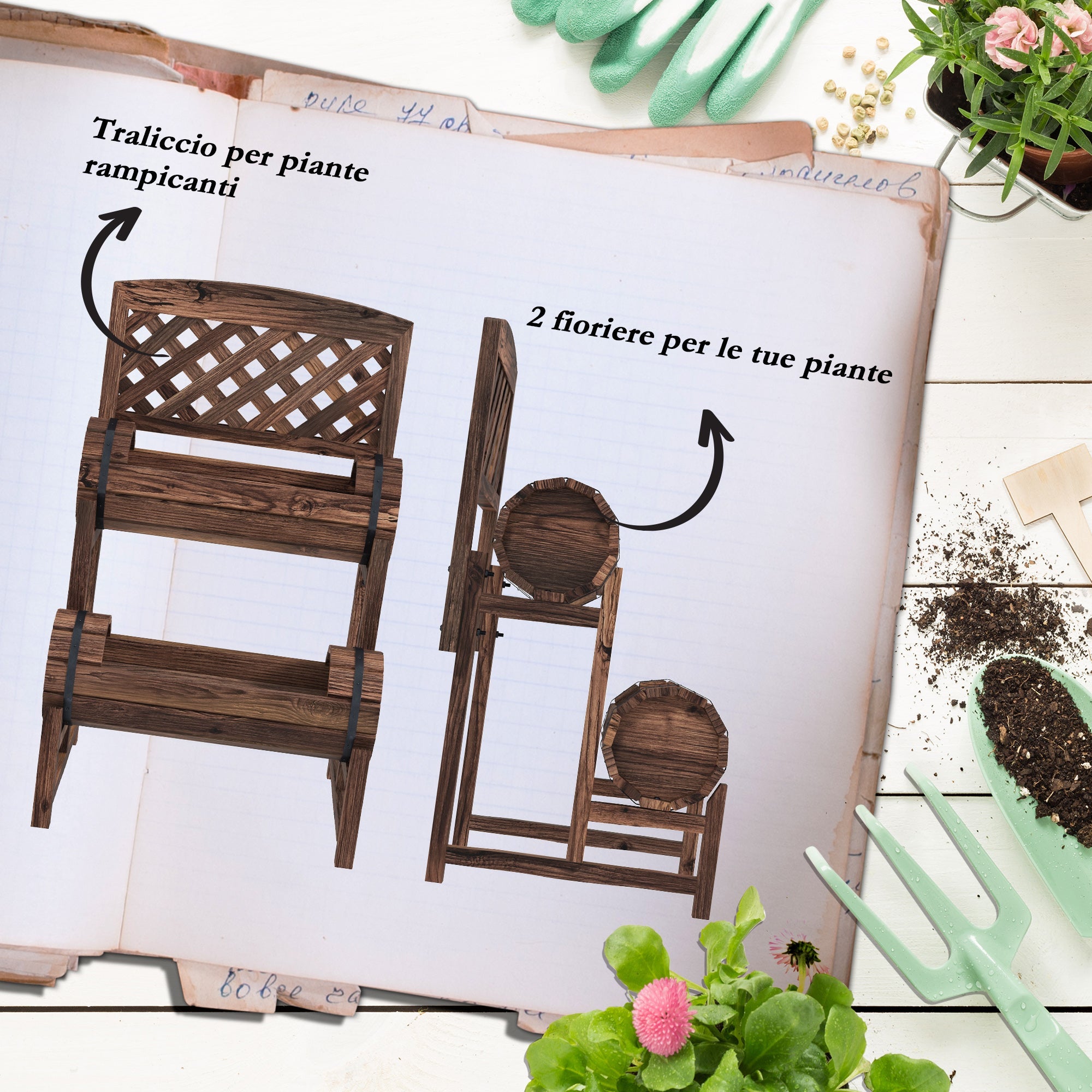 EasyComfort Fioriera da Esterno a 2 Livelli with Fori di Drenaggio e Griglia, in Legno di Abete, 42x49x80 cm, Marrone