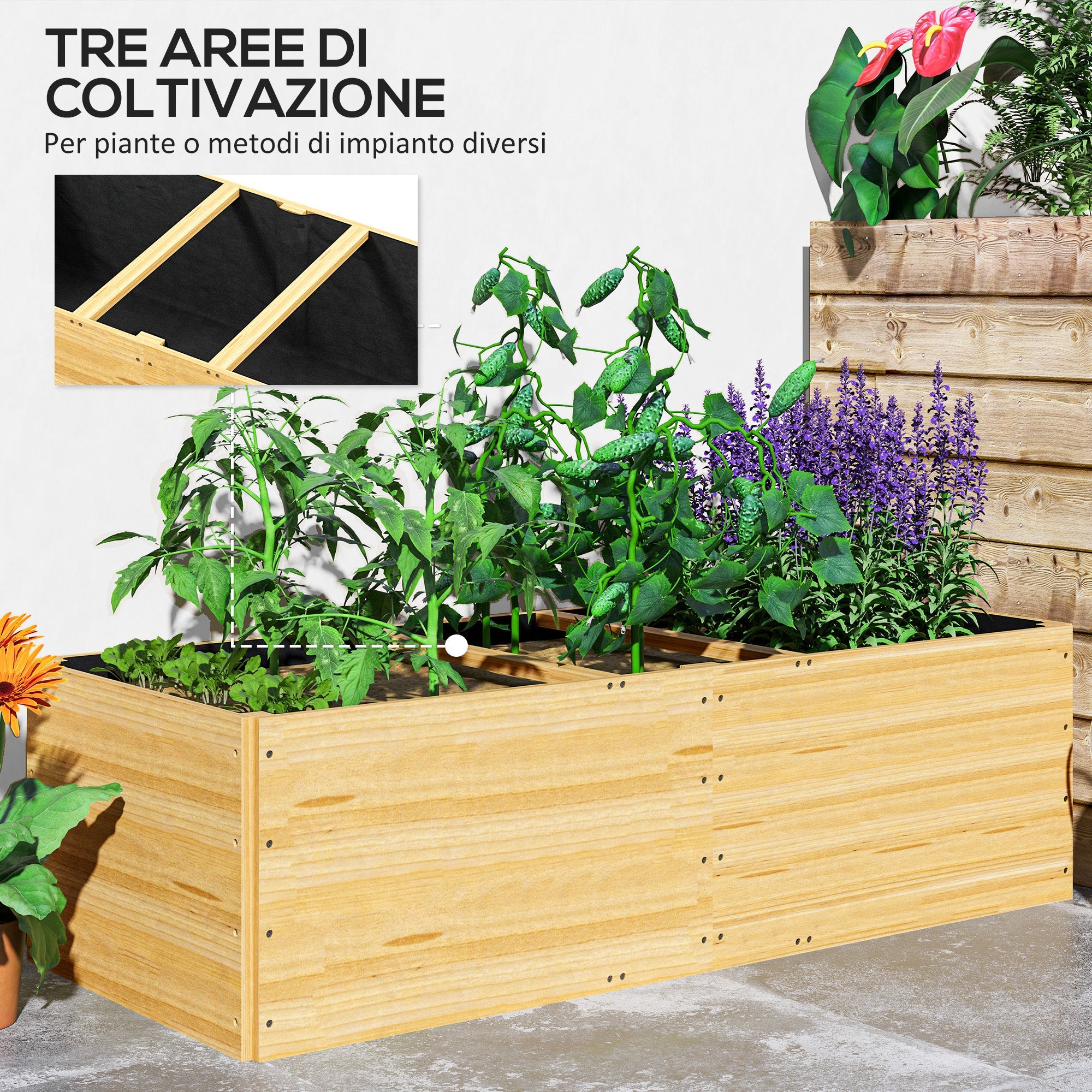 EasyComfort Fioriera da Esterno in Legno di Abete Divisa in 3 Aree with Strato in Tessuto non Tessuto, 140x60x40 cm