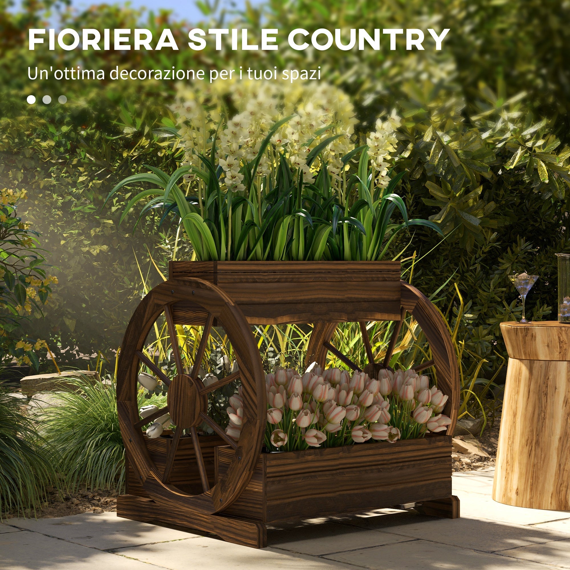 EasyComfort Fioriera in Legno da Esterno a 2 Livelli with 3 Vasi e Ruote di Carro Stile Country, 64x54x60cm