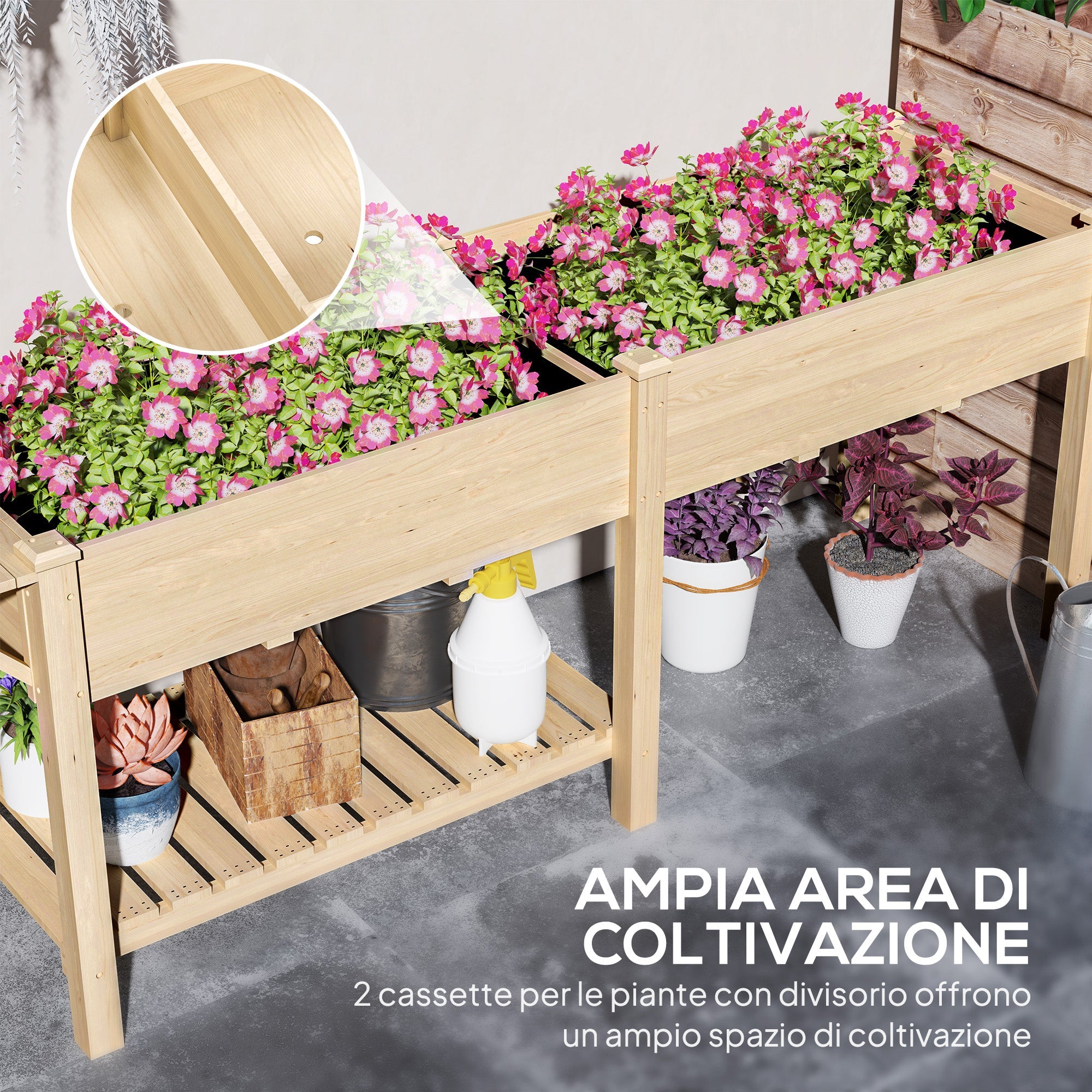 EasyComfort Fioriera Rialzata with Tavolino Laterale e Ripiano Porta Attrezzi Inferiore, in Legno di Abete, 207x59x78 cm