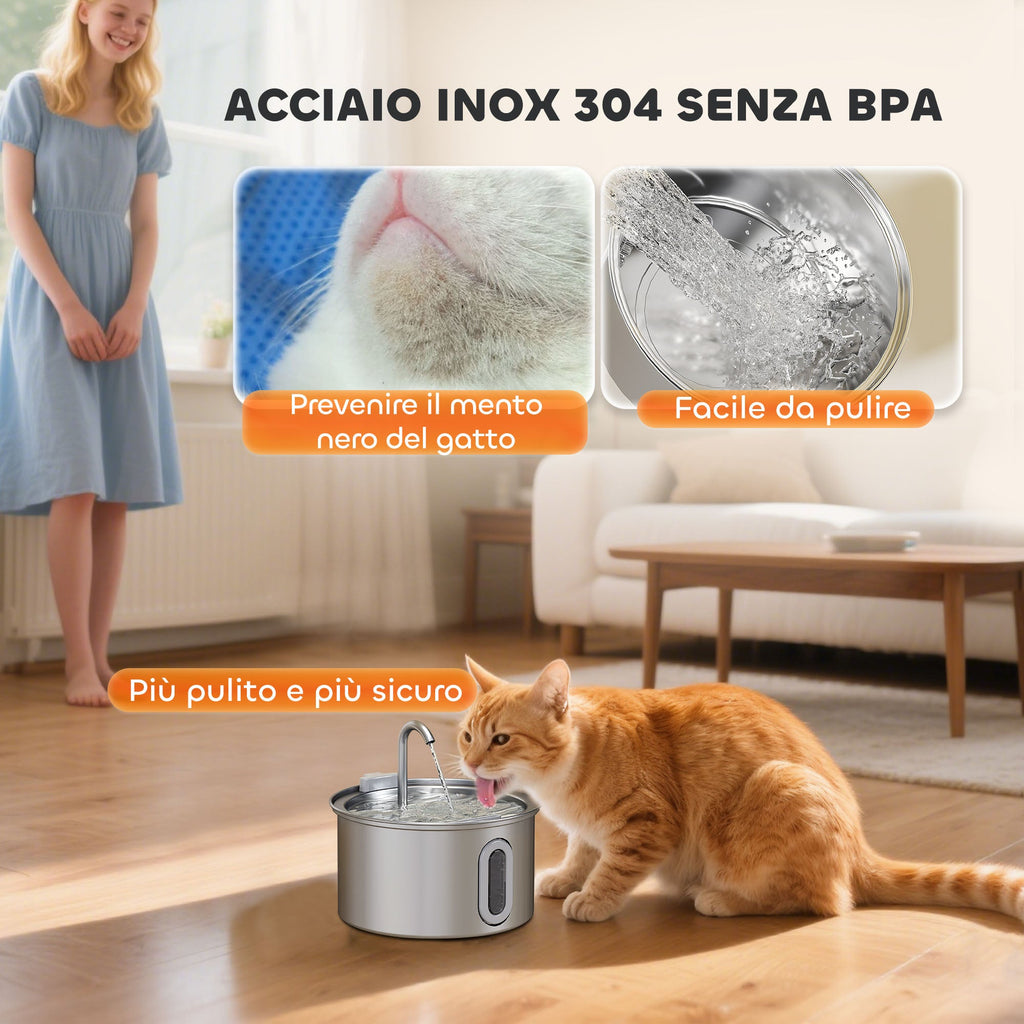 EasyComfort Fontanella per Gatto 2.5L con Luce LED e 2 Modalità di Flusso, in Acciaio Inox, 19.4x19.4x18.7 cm, Argento