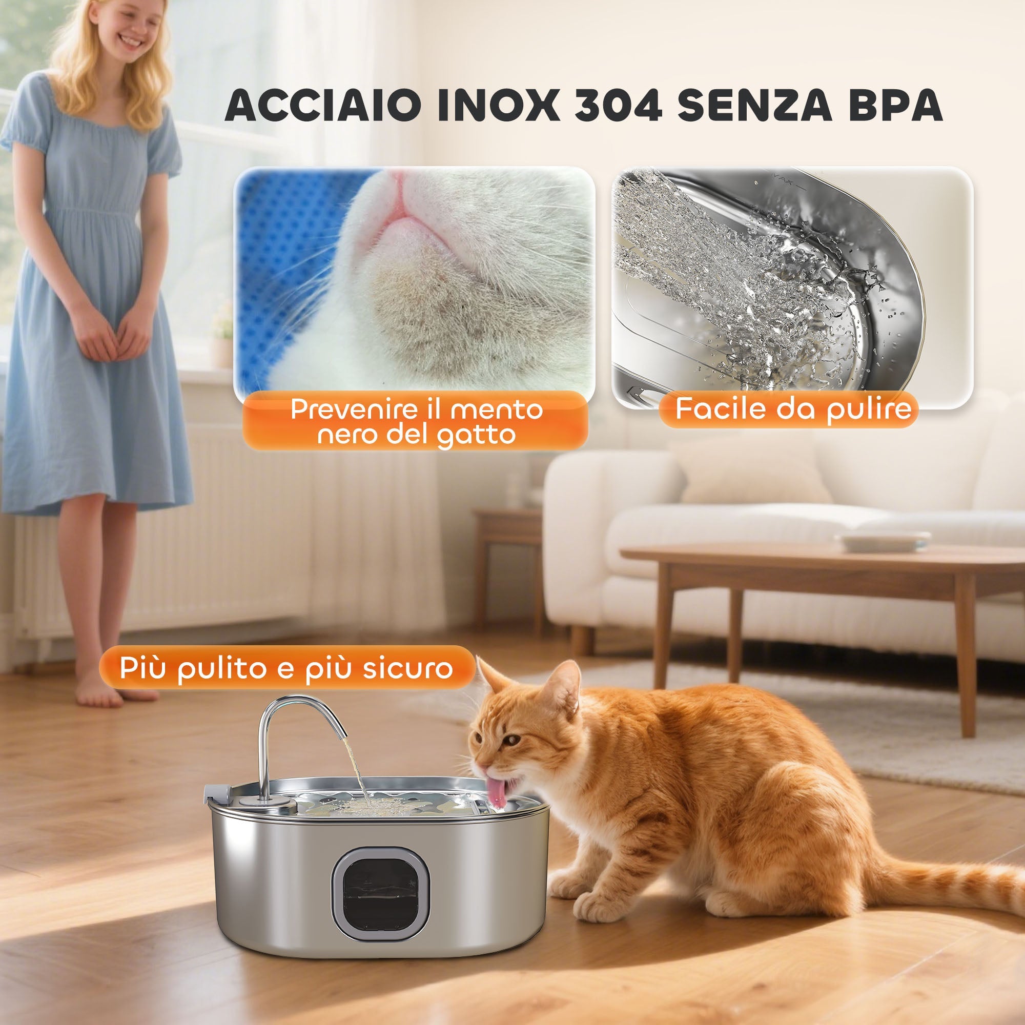 EasyComfort Kattenfontein 7L RVS 304 met LED en borstel