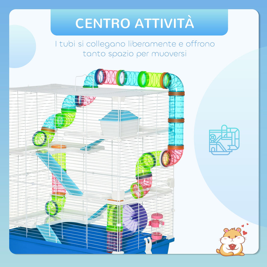 EasyComfort Gabbia Criceti a 5 Livelli con Tubi, Casetta, Serbatoio e Ruota, in Acciaio, PP e PS, 59x36x69 cm, Blu e Bianca