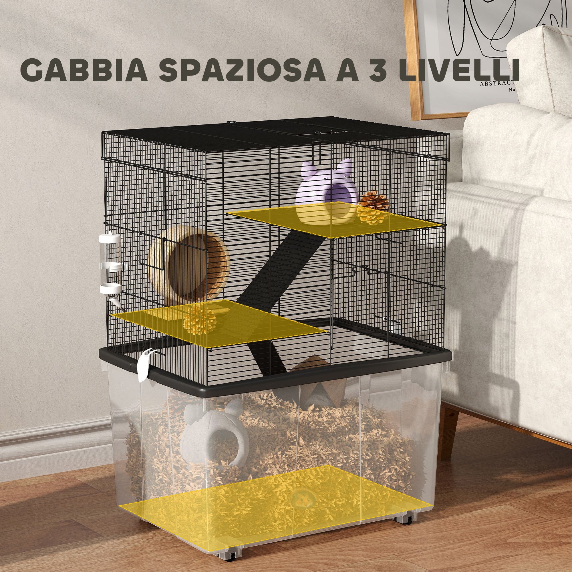EasyComfort 3‑laags hamsterkooi met wielen 58x43x74 cm