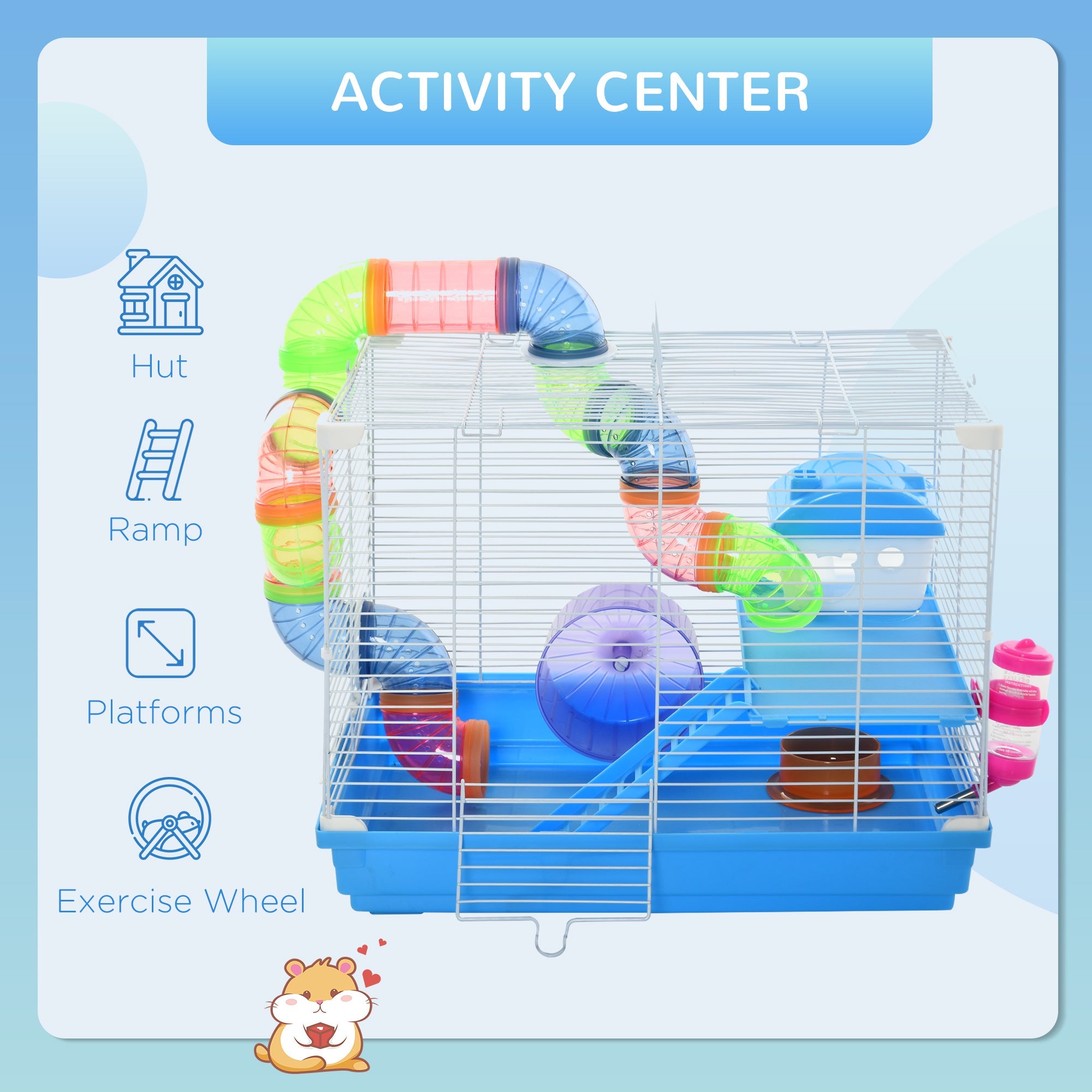 EASYCOMFORT 2-Tier Hamster Cage with Water Tank, Tray, Tube and Hamster Wheel, 46x30x37cm