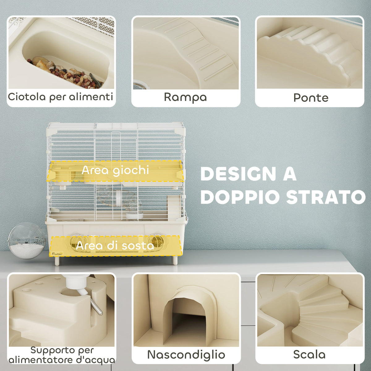 EasyComfort 2‑laags hamsterkooi met looprad en buizen 44.5x28x44 cm