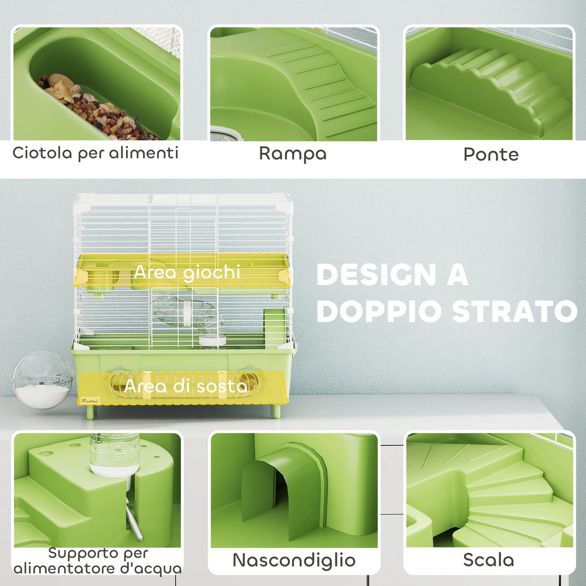 EasyComfort Hamsterkooi 2 niveaus, 3 deuren, 44.5x28x44 cm