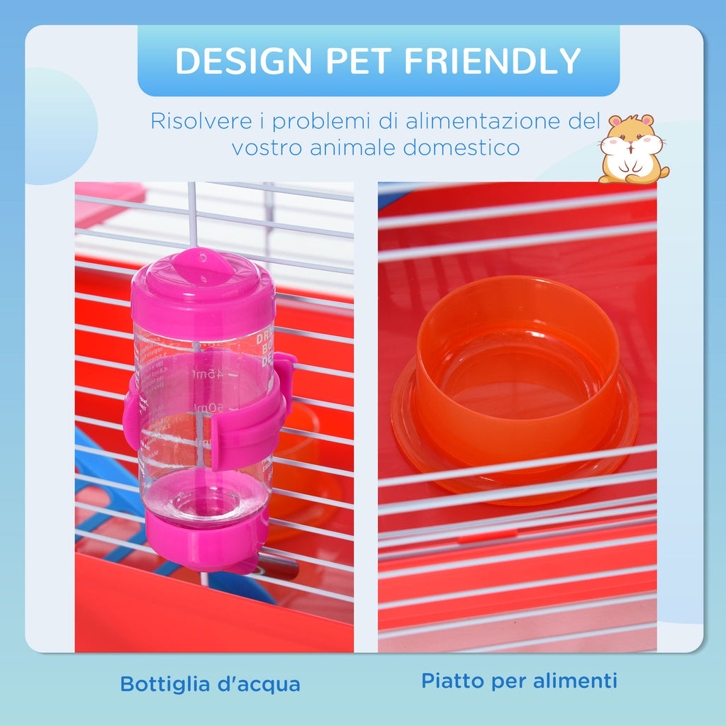 EasyComfort Hamsterkooi 2 niveaus met huisje, drinkfles en looprad 47x30x27 cm