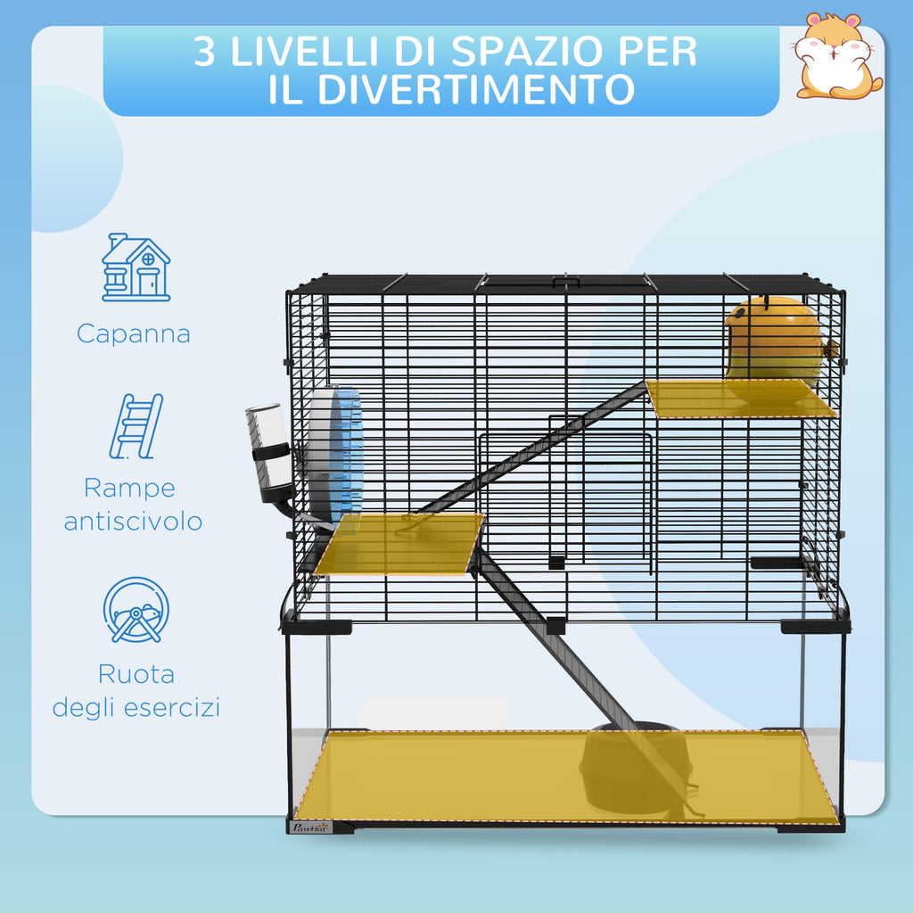 EasyComfort Gabbia per Criceti a 3 Livelli con Ruota, Rampe e Fondo Rimovibile, 60x40x57cm, Nero