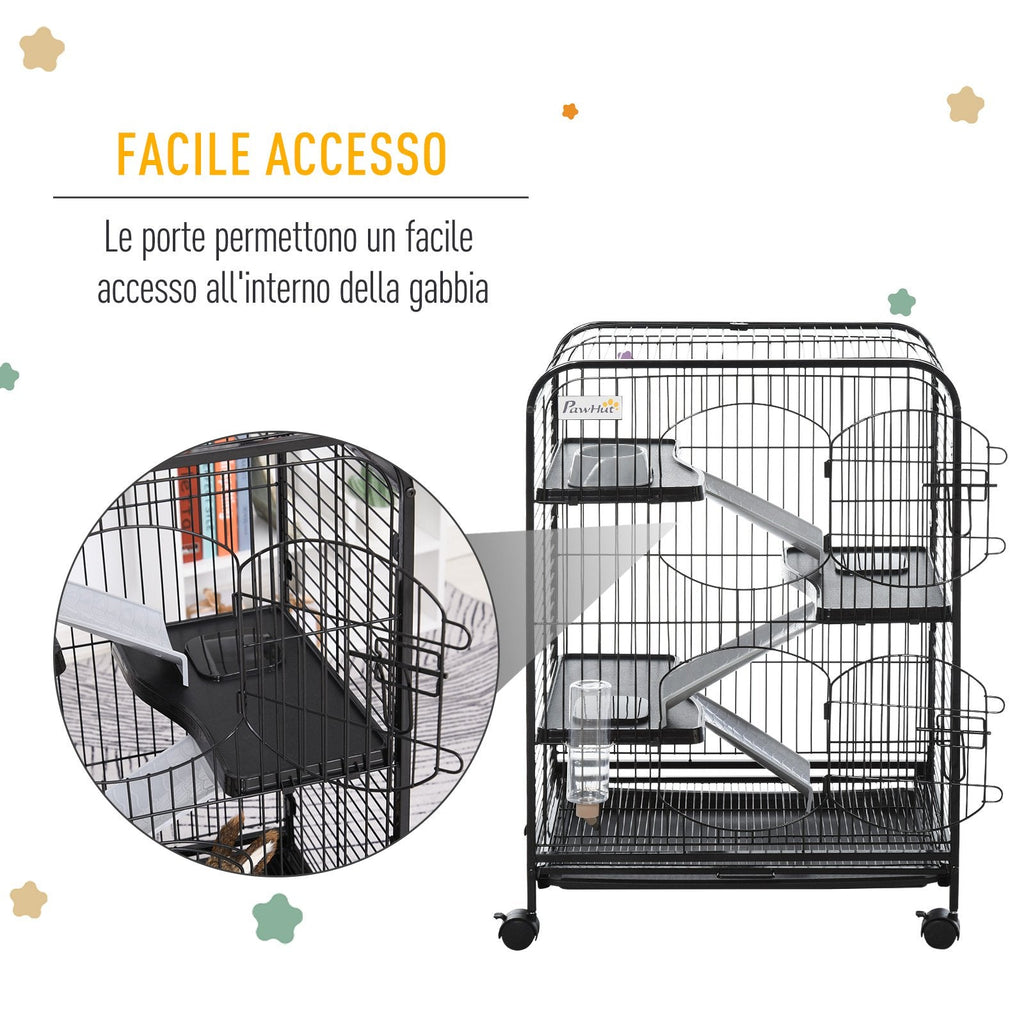 EASYCOMFORT Cage for Rodents with Wheels, Bowl and Bottle, 64x43.5x93cm, Black