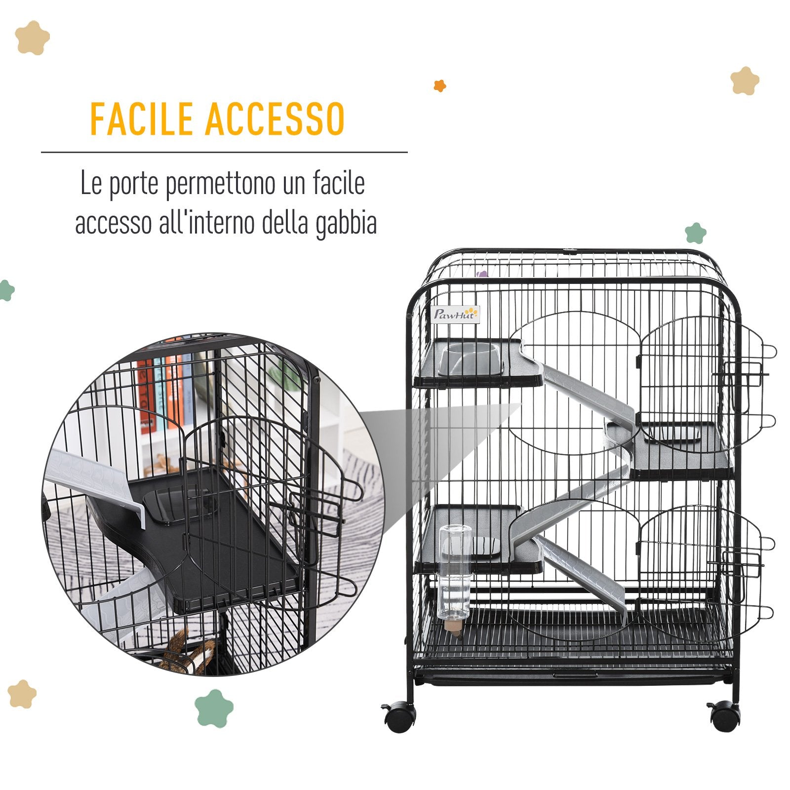 EASYCOMFORT Cage for Rodents with Wheels, Bowl and Bottle, 64x43.5x93cm, Black