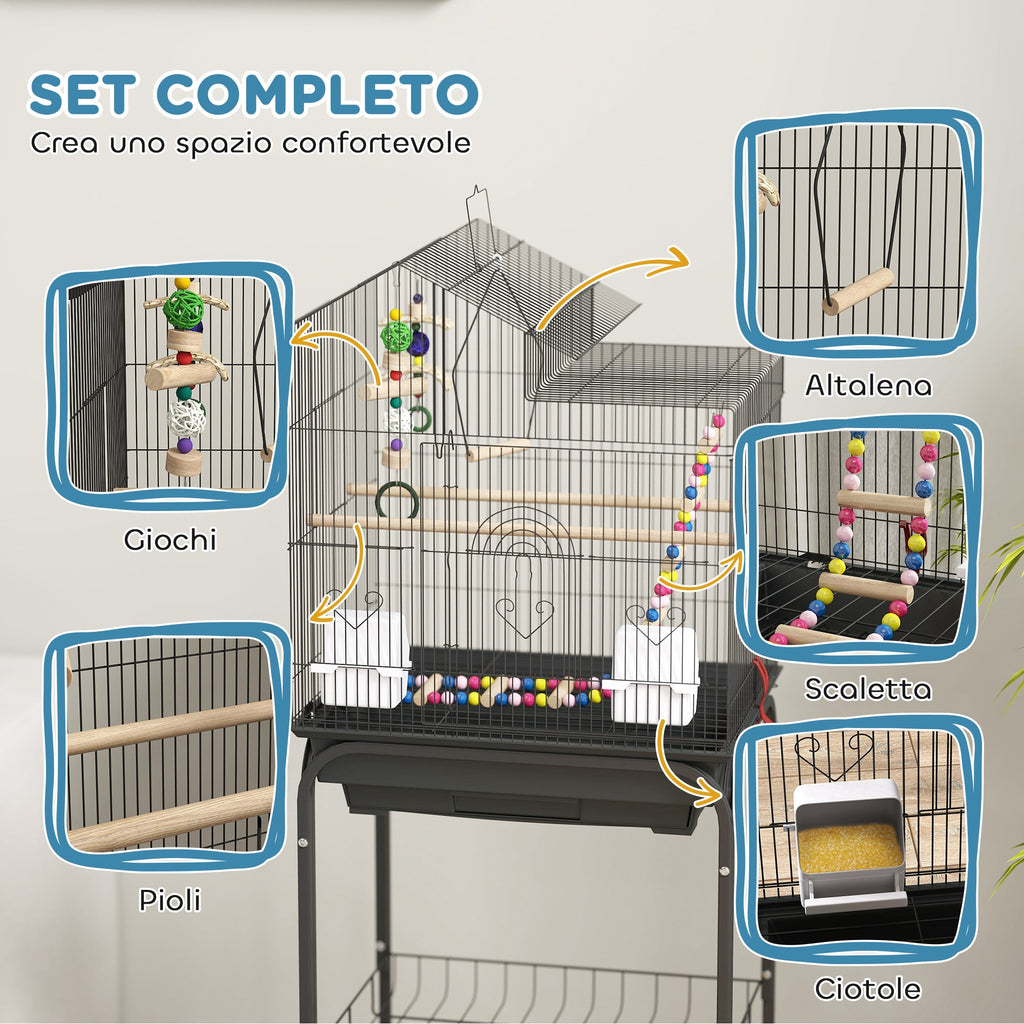 EasyComfort Vogelkooi met onderstel, zwenkwielen en accessoires, 46x36x120 cm