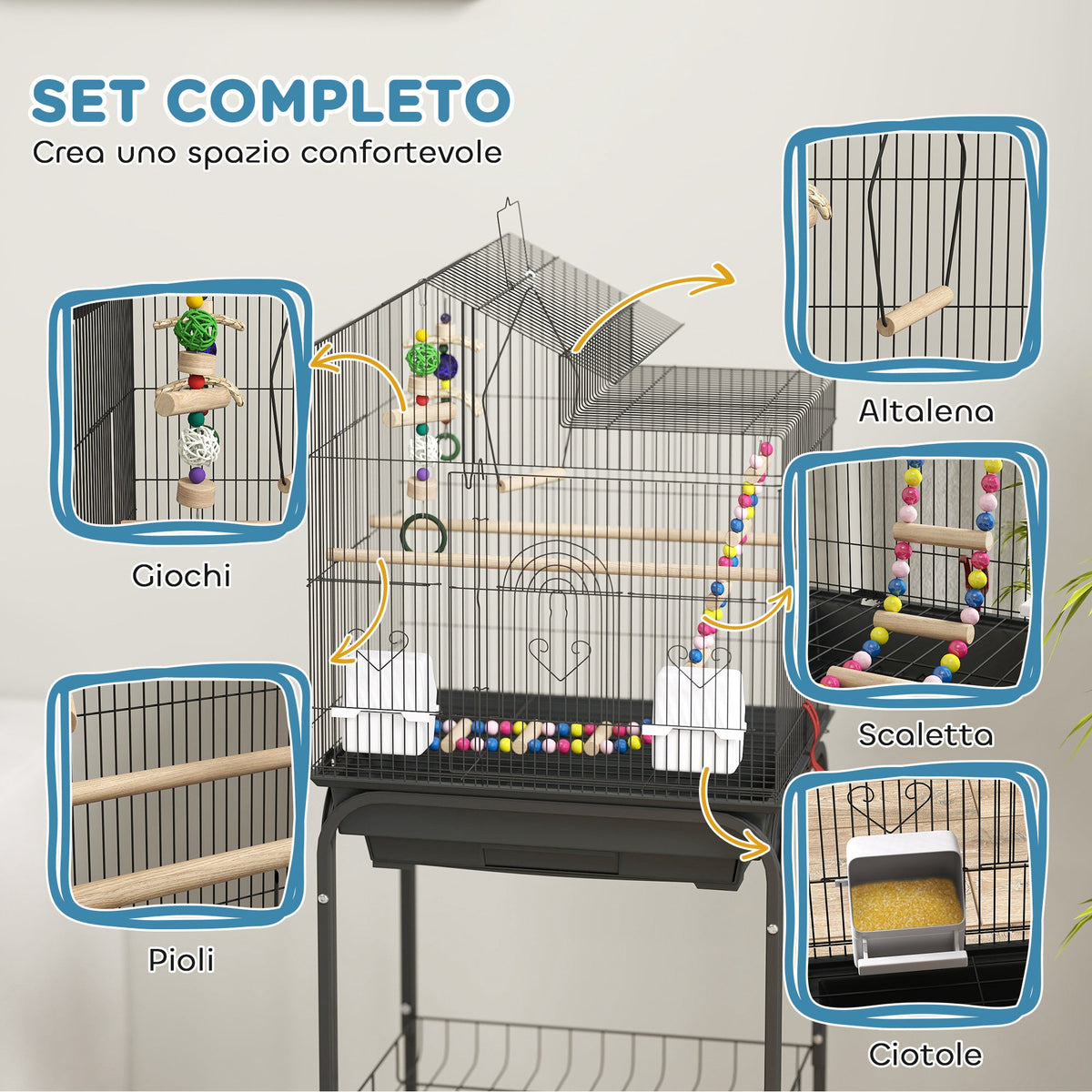 EasyComfort Vogelkooi met onderstel, zwenkwielen en accessoires, 46x36x120 cm