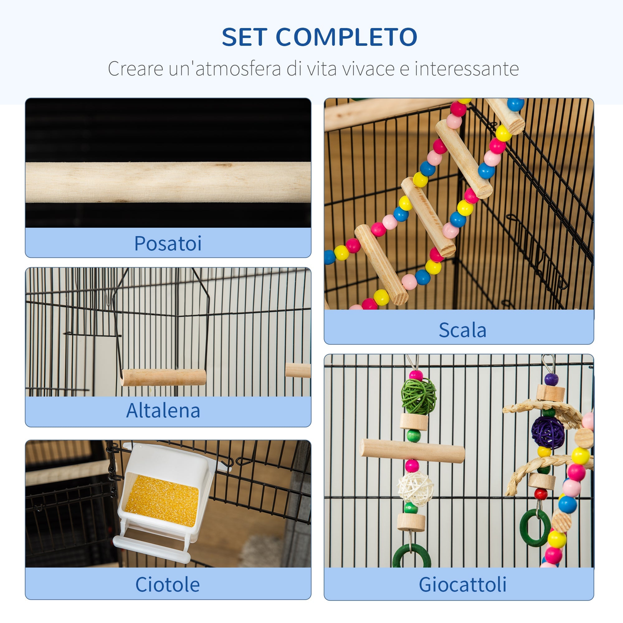 EasyComfort Gabbia per Uccelli con Scaletta, Altalena, Ciotole e Giochi, in Acciaio, PP e Legno, 46x36x100 cm, Nera