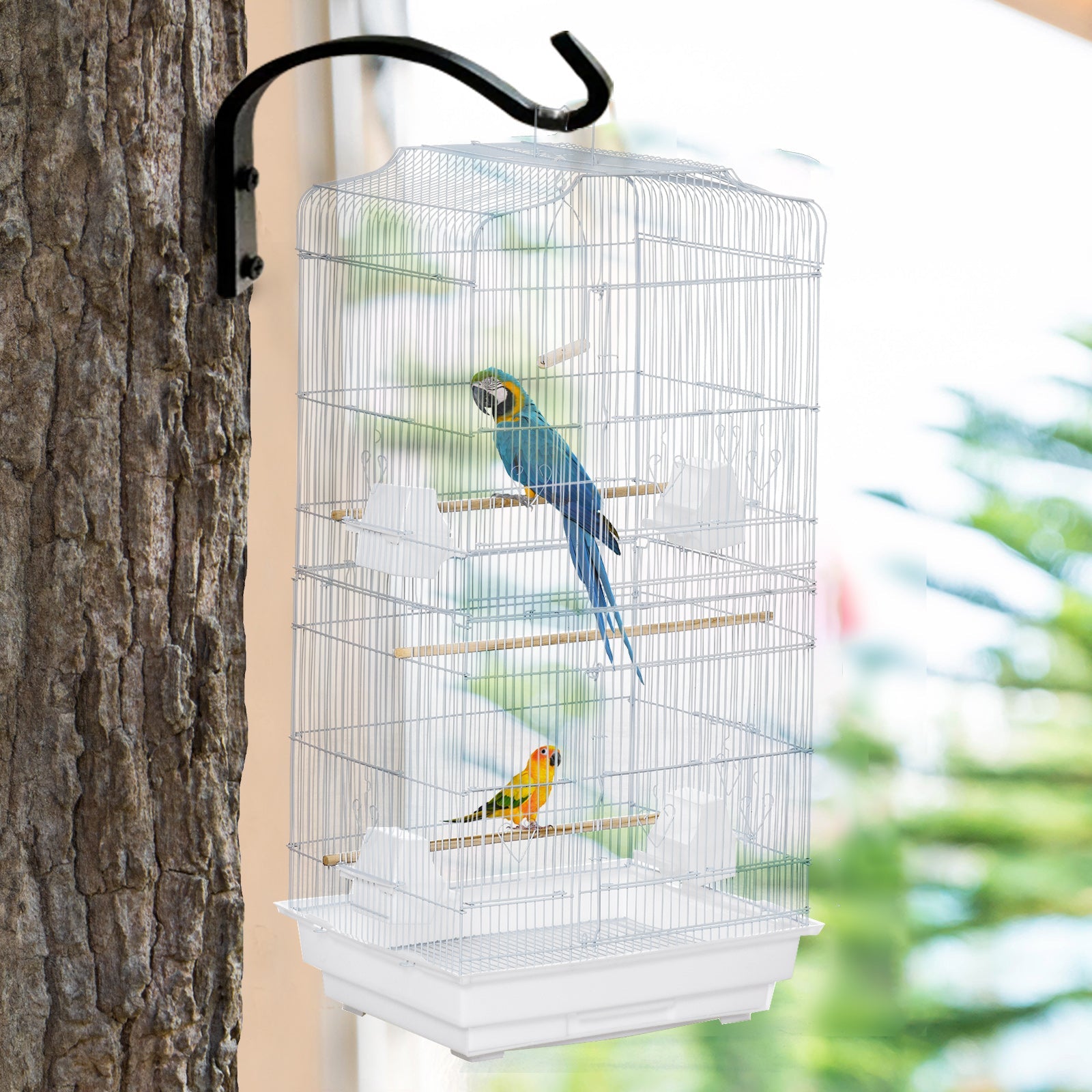 EASYCOMFORT Bird Cage with Perches, Swing and Bowls, Aviary in Metal and Plastic, 46.5x35.5x92cm, White