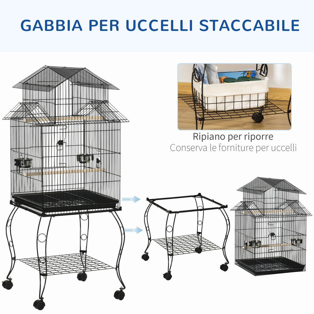 EASYCOMFORT Indoor Bird Cage in Steel and Wood with Tray, 4 Wheels and Perch, 50x49x137cm