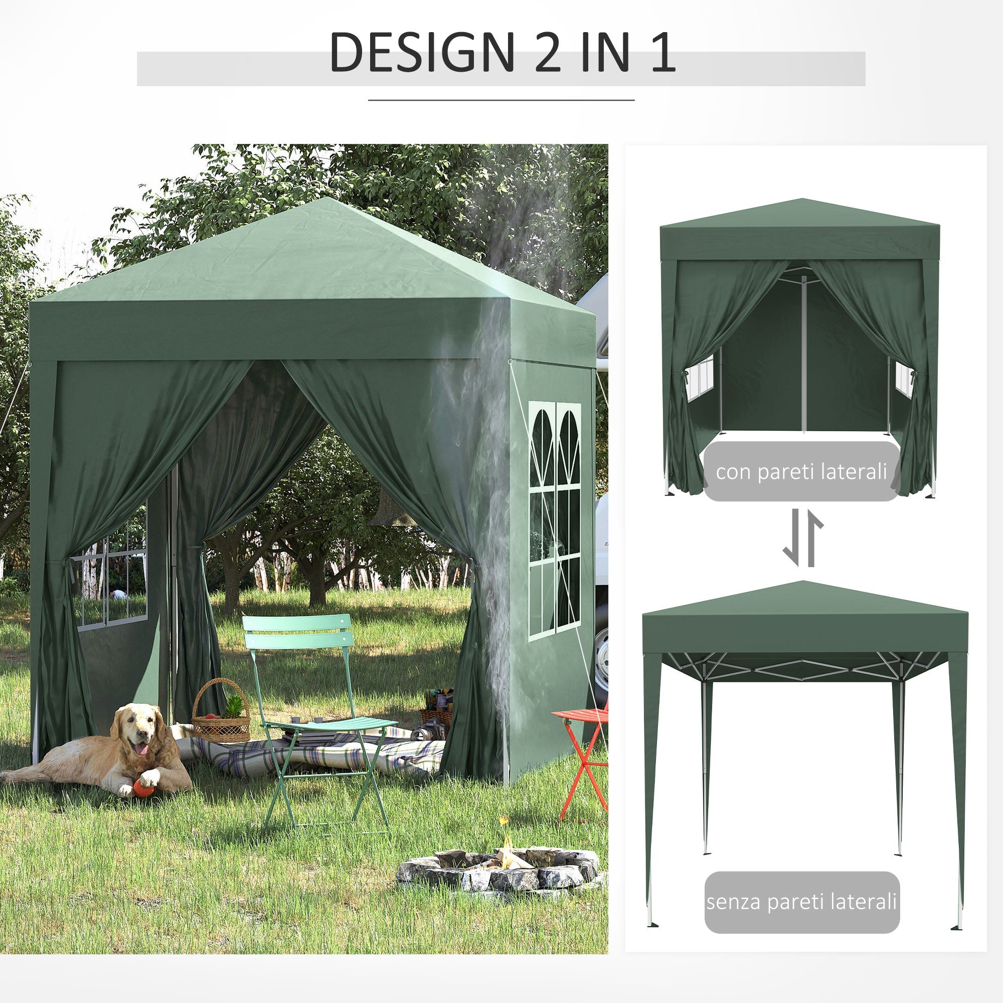 EasyComfort Gazebo 2x2 m Pieghevole with 4 Pareti Rimovibili e Borsa da Trasporto, in Metallo e Poliestere, Verde