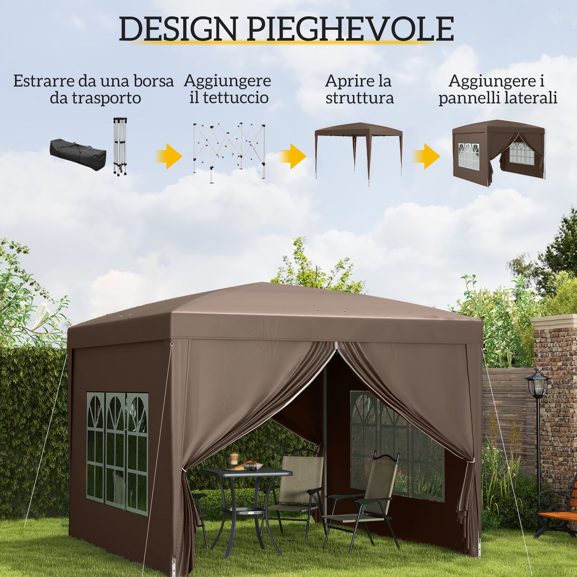 EasyComfort 3x3 m inklapbare partytent met 4 zijpanelen, koffie