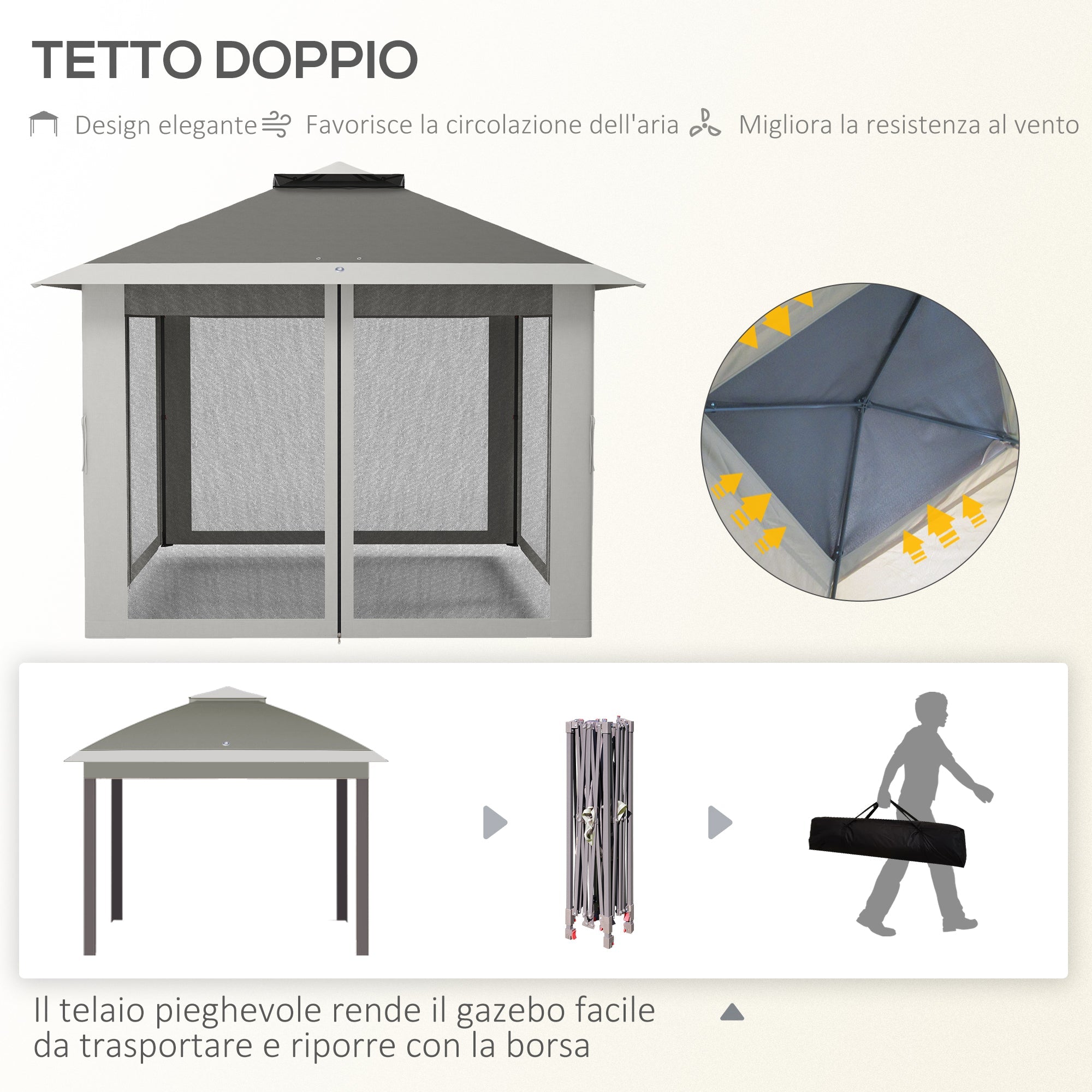 EasyComfort Gazebo da Esterno ad Altezza Regolabile with Zanzariere, in Metallo e Tessuto Oxford, 3.3x3.3x2.8 m, Grigio Scuro