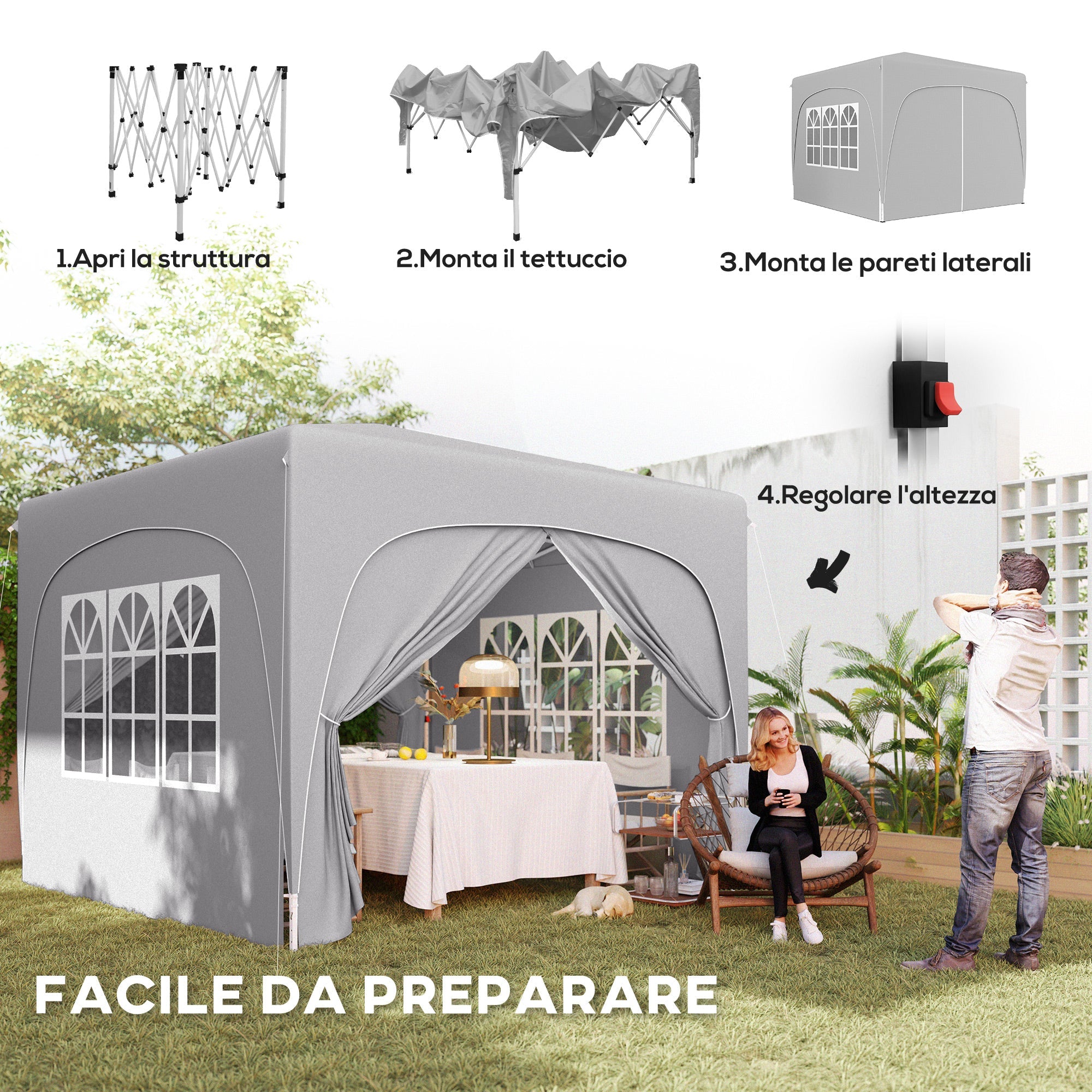 EasyComfort Gazebo 3x3 m inklapbaar verstelbare hoogte UPF50+ lichtgrijs
